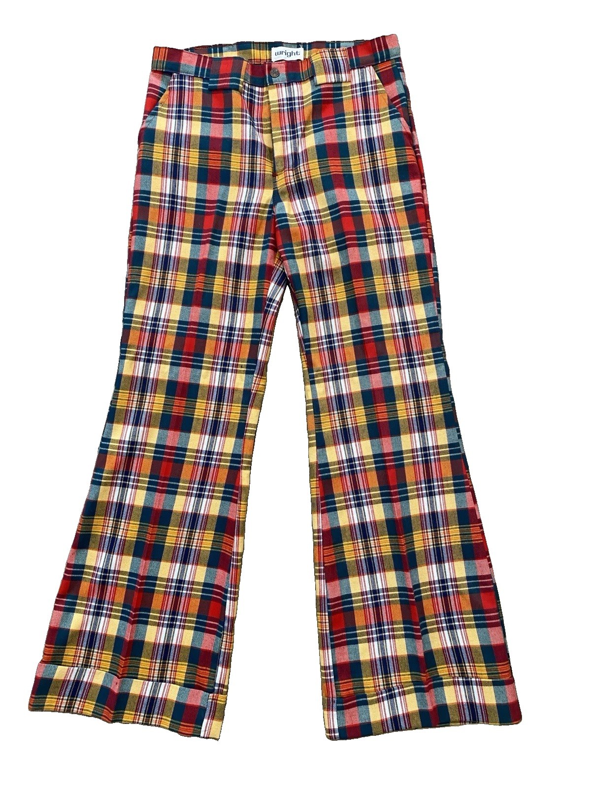 Vtg 70s Wright Permanent Press Plaid Flare Pants Bell Bottoms Eagle Button 32x31