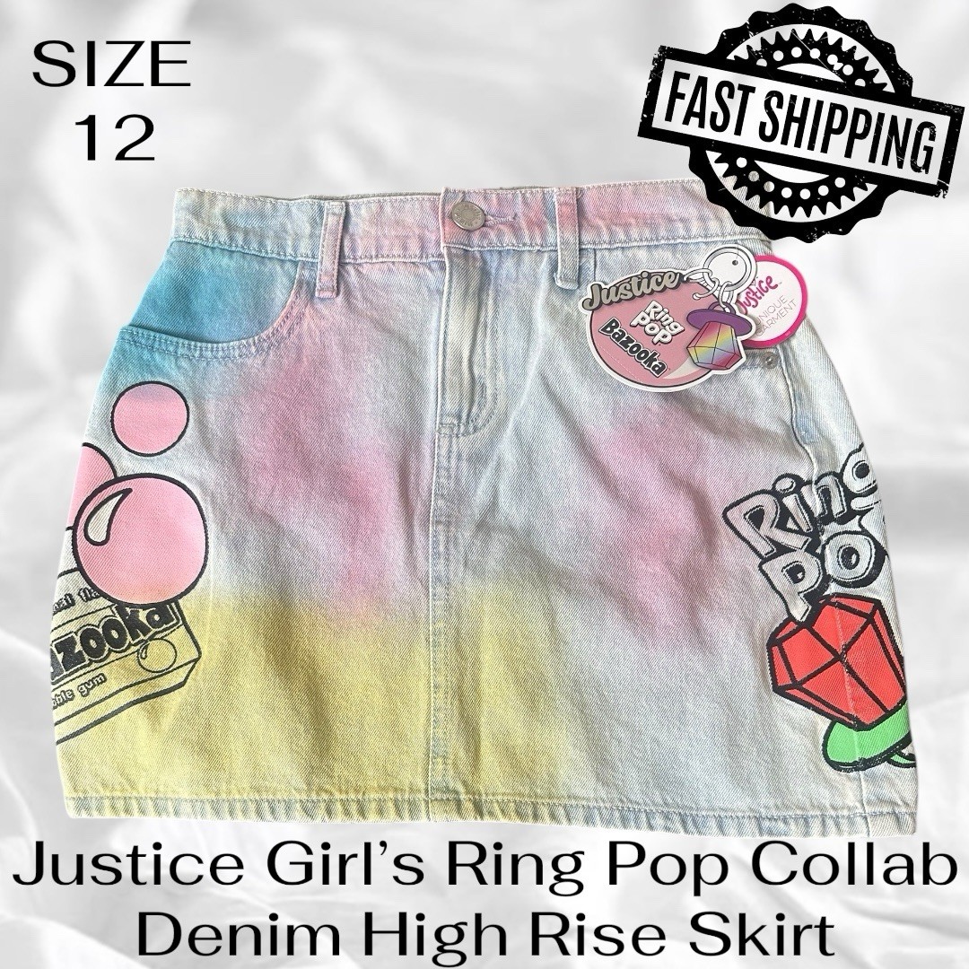 Justice Girls Ring Pop Collab Denim Skirt Size 12 High Rise Skirt FAST SHIPPING