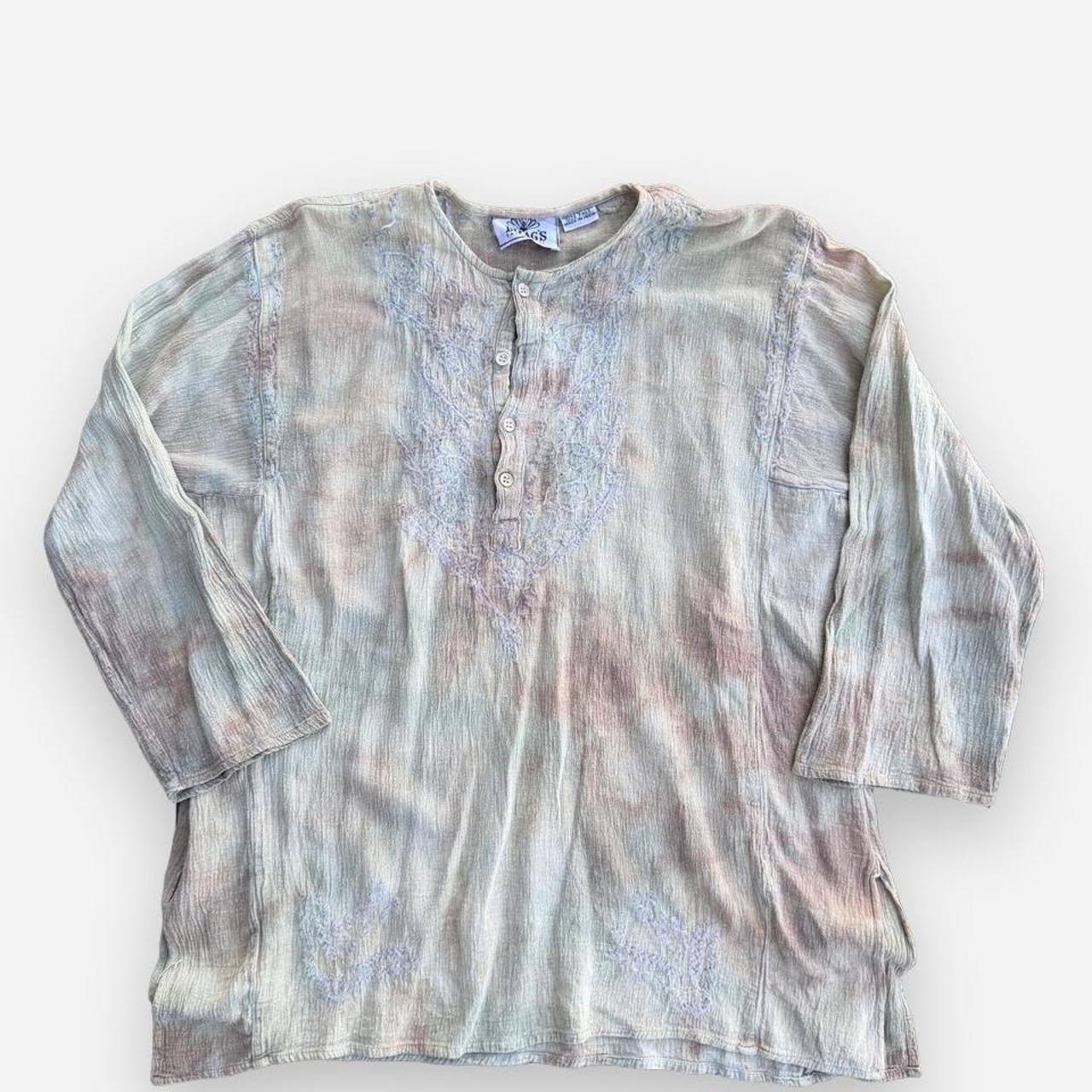 Vintage Bhags Fashions Cotton Gauze Tie Dye Henley Boho Hippie Shirt Free Size