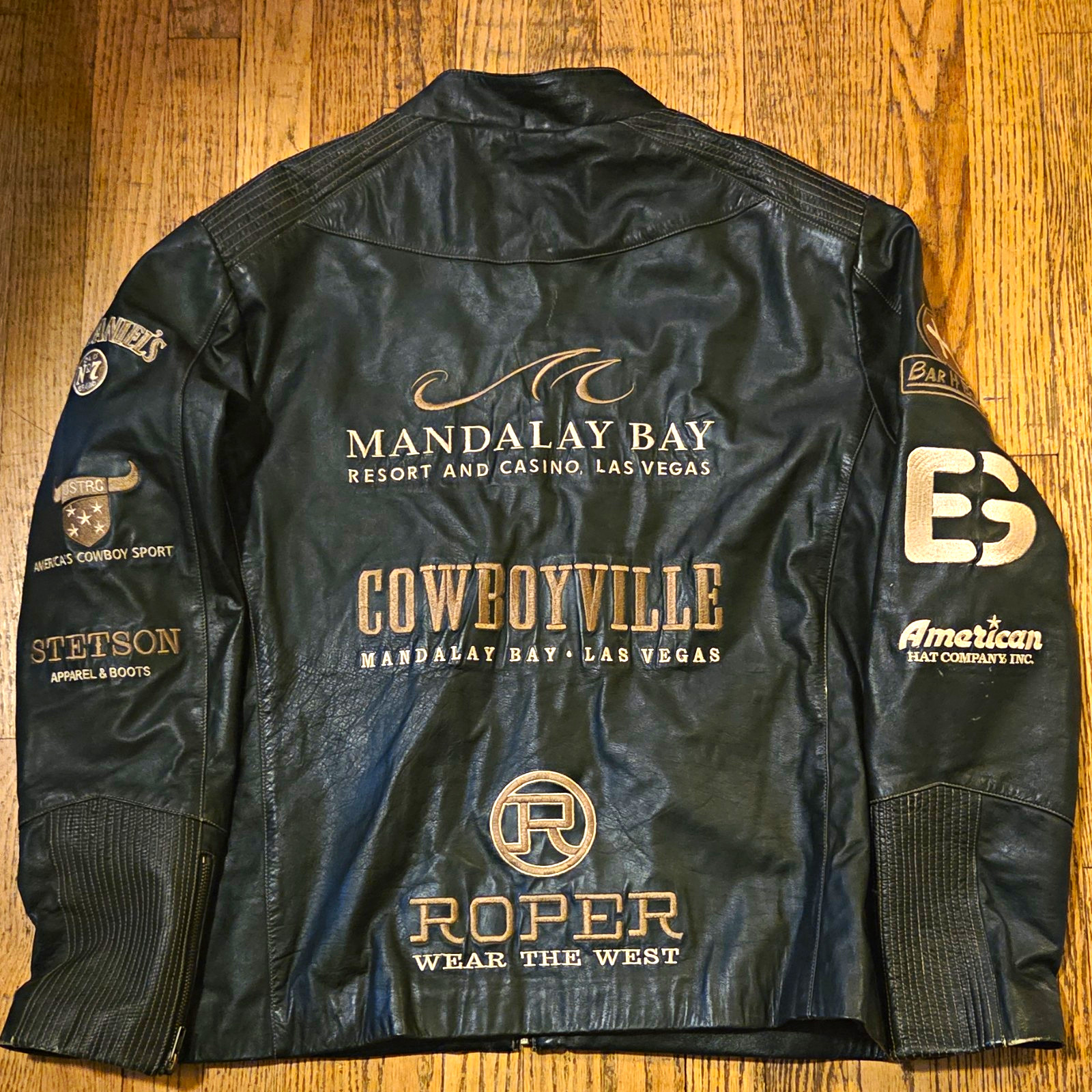 NFR Roper Men\'s Black Leather Jacket Full Zip Embroidered Logo Band Collar XL