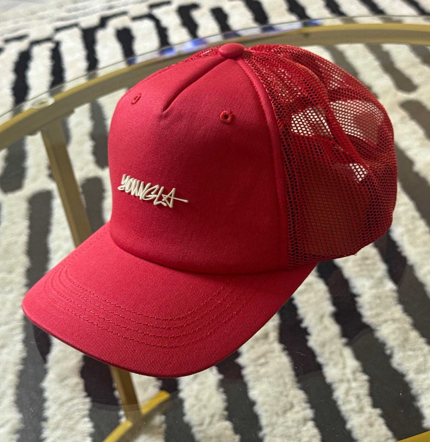 YoungLA Men\'s Red Trucker Hat Cap Mesh Back One Size Solid Cotton/Poly