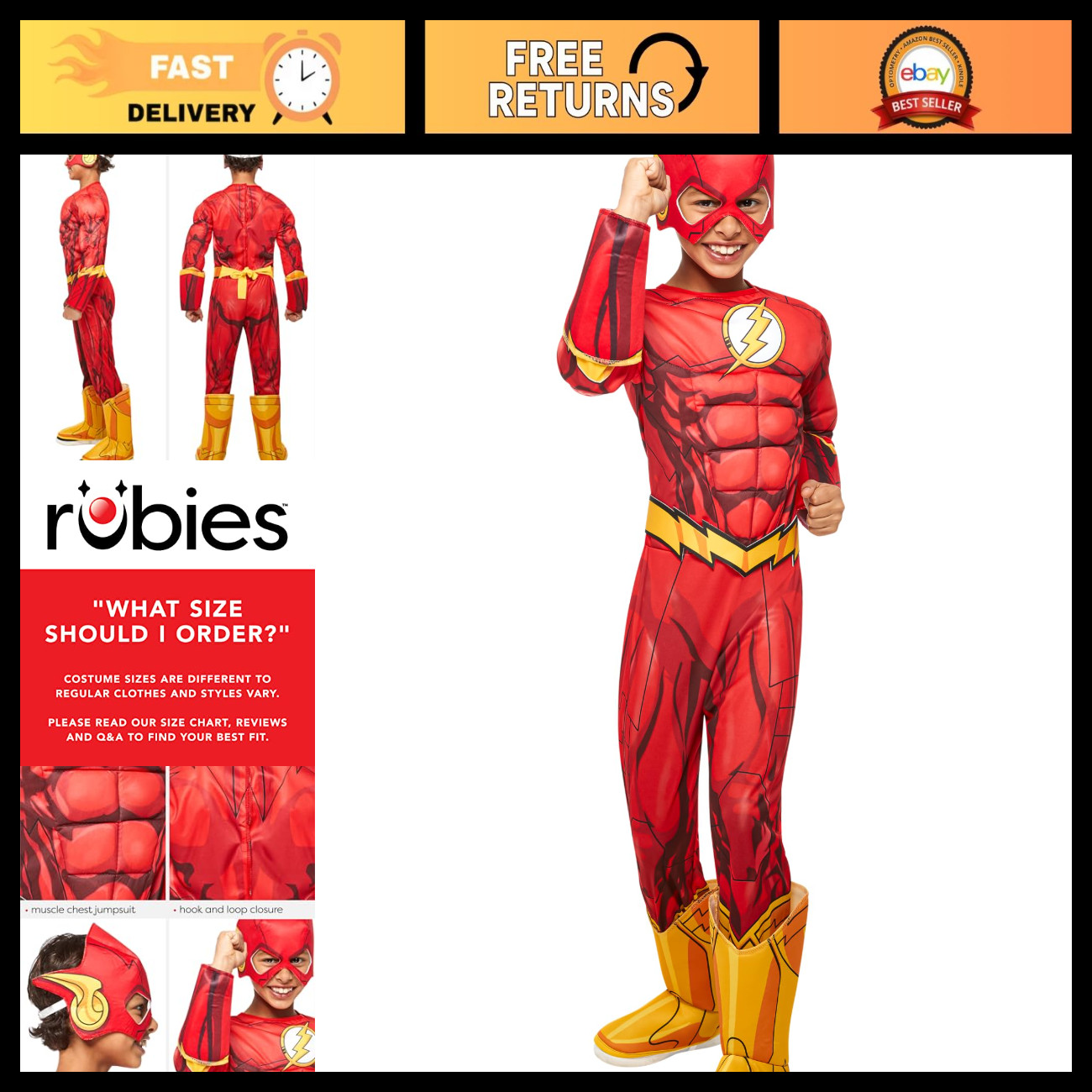 Kids The Flash Costume - DC Comics Superhero Outfit for Boys, Party Dress-Up