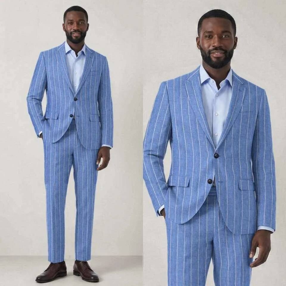 Blue Striped Linen Men\'s Suits Wedding Groom Tuxedos Casual Outdoor Blazer Pant
