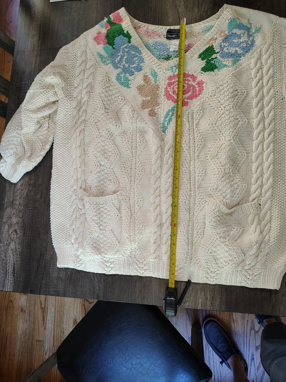 Vintage Harolds Hand Knit Cotton Floral Sweater made in England Ivory XL