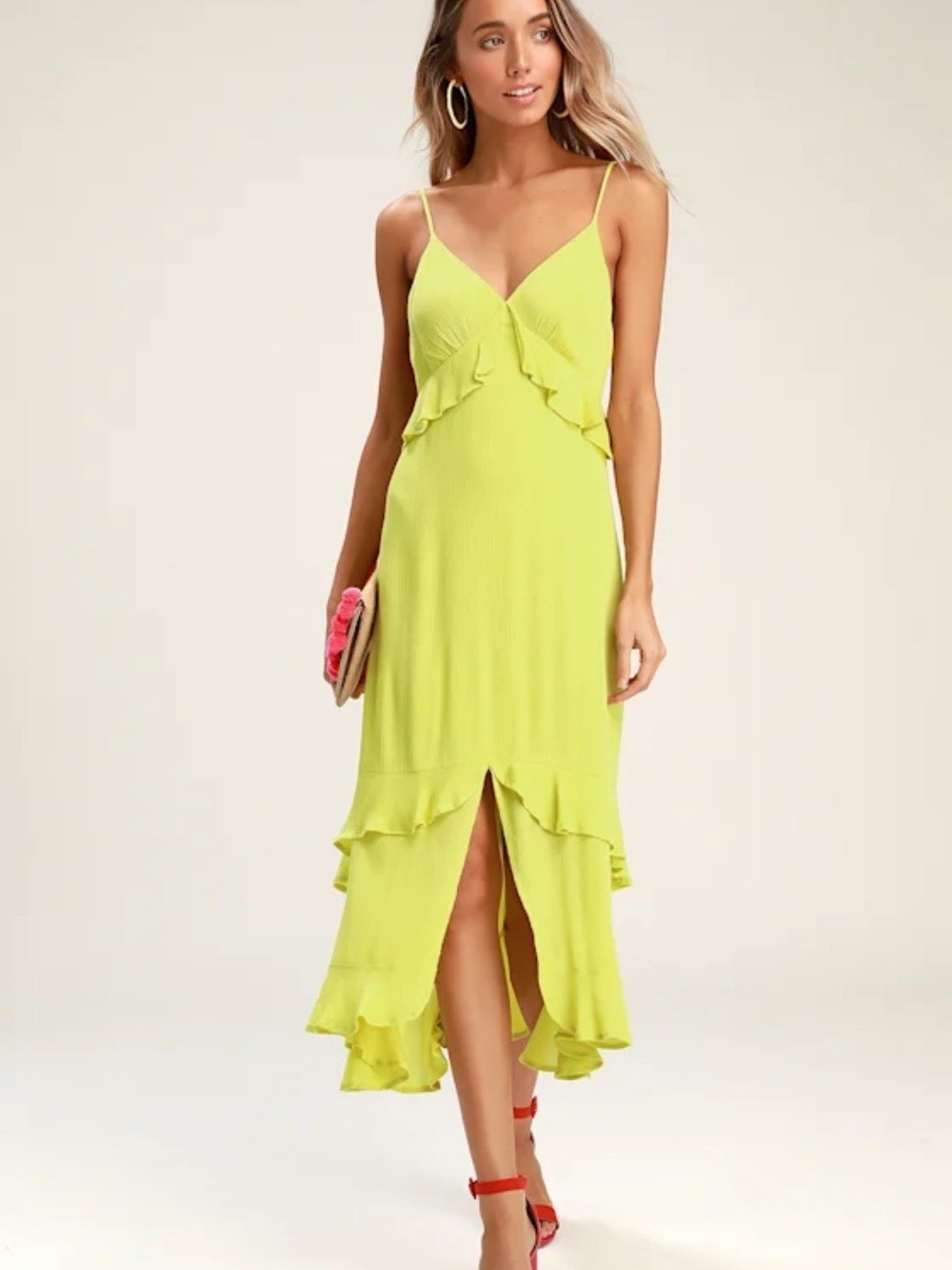 *NEW* Lulu\'s Island Time Lime Green Ruffled Midi Dress
