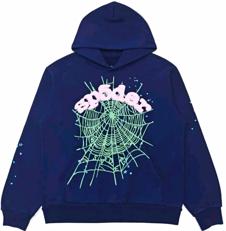 sp5der Men’s Blue Pullover Hoodie Graphic Print Cotton Long Sleeve Size M