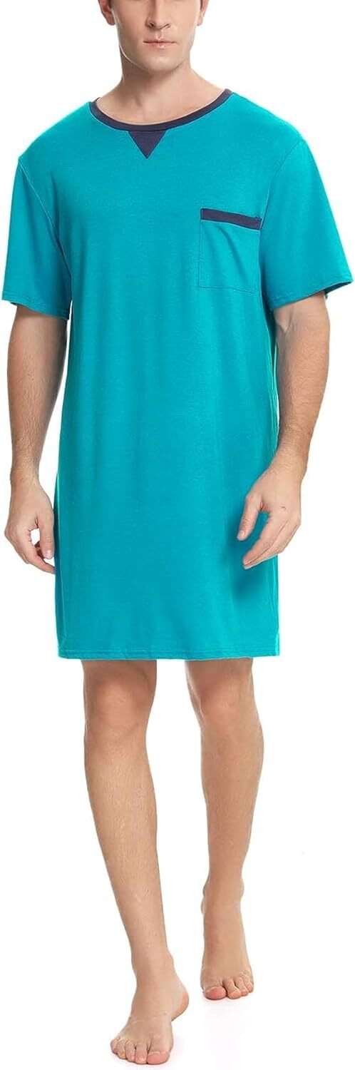 Men\'s Cotton Short Sleeve Nightshirt Summer Knee Length Sleepwear with Pocket