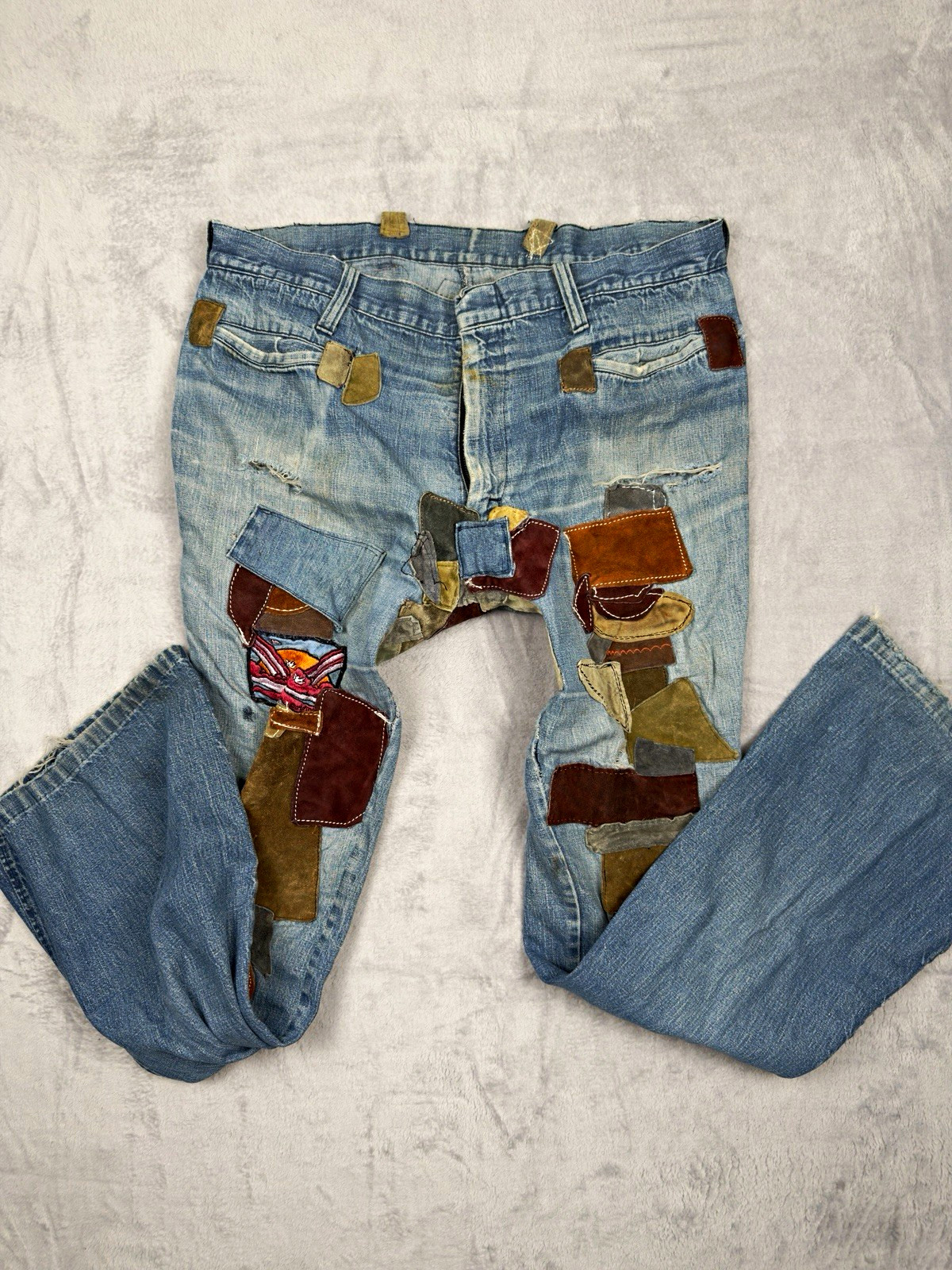 Vintage 70s Levi\'s Male Slacks Custom Patchwork Suede Leather Jeans Flare W33 31