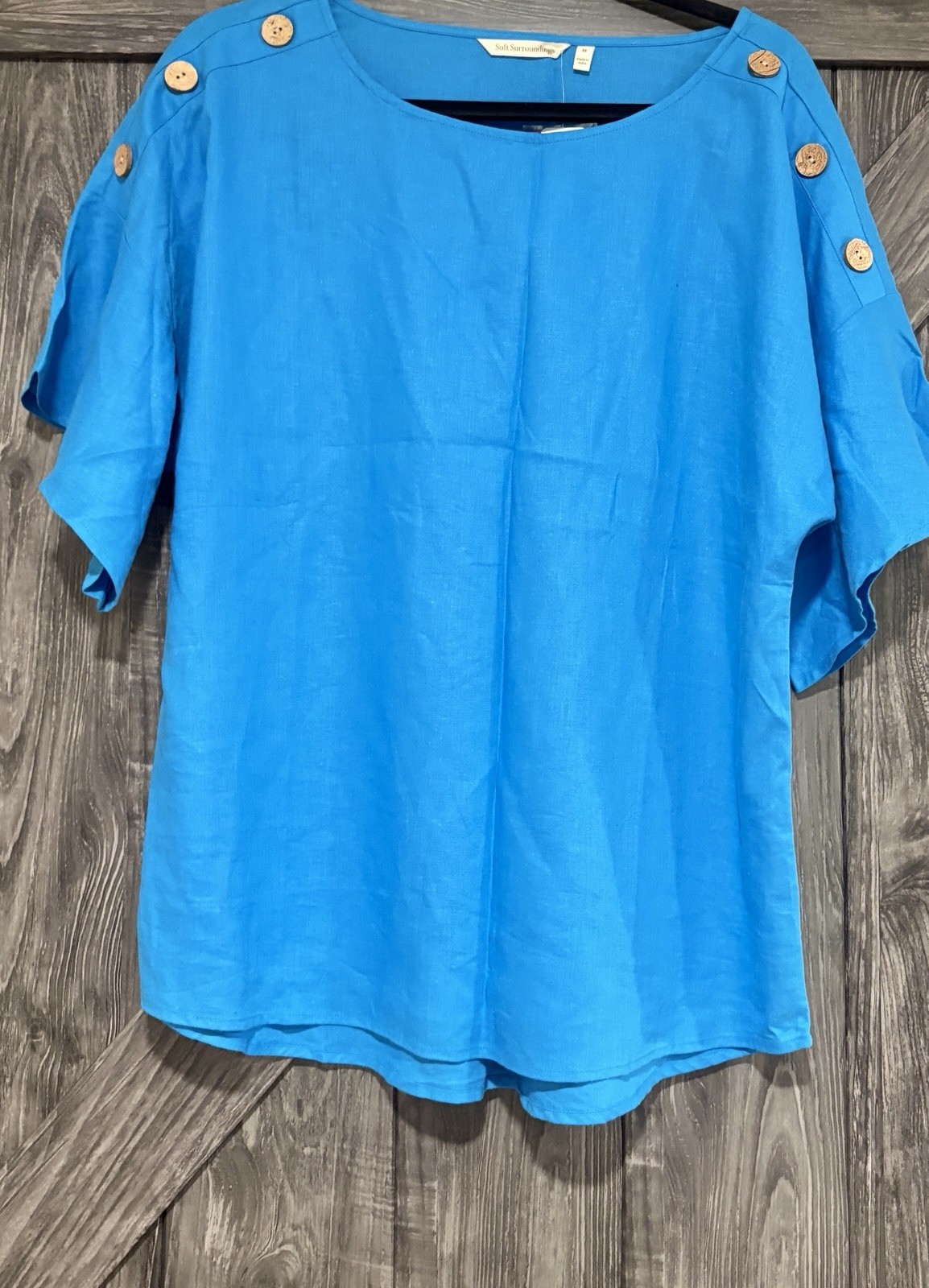 Soft Surroundings Andrea Linen Blend Pullover Blue Button Shoulder Top M