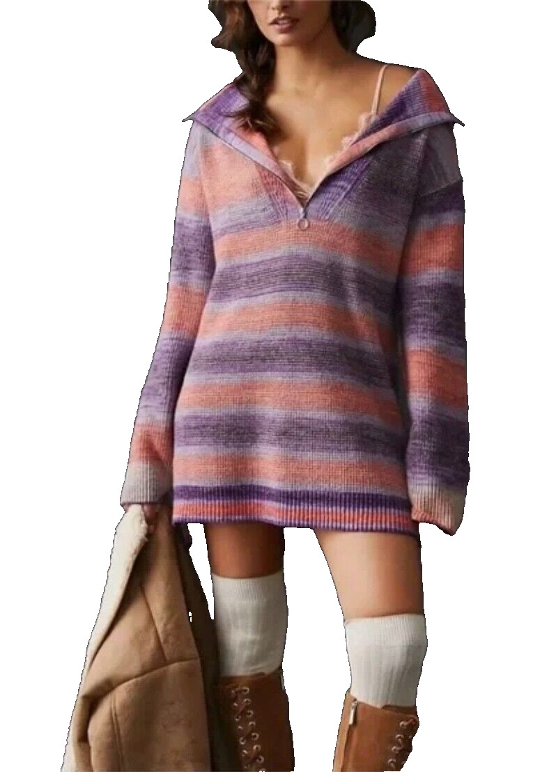 Anthropologie Daily Practice Franconia Half Zip Sweater Tunic Small Purple Strpe