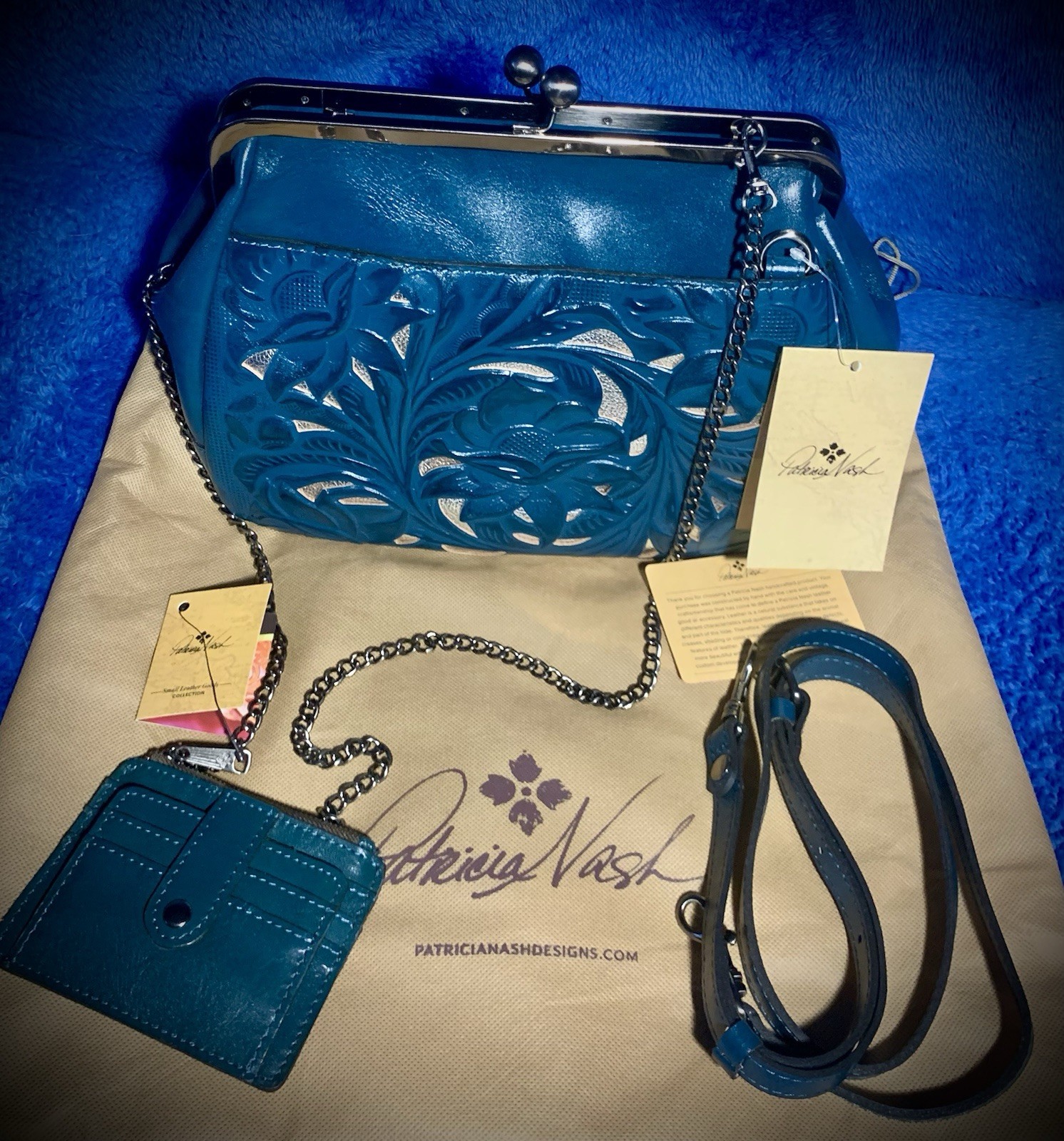 VTG PATRICIA NASH “CANISI” CUT OUT TOOLED LEATHER BAG & WALLET *BOTH NEW W/TAGS
