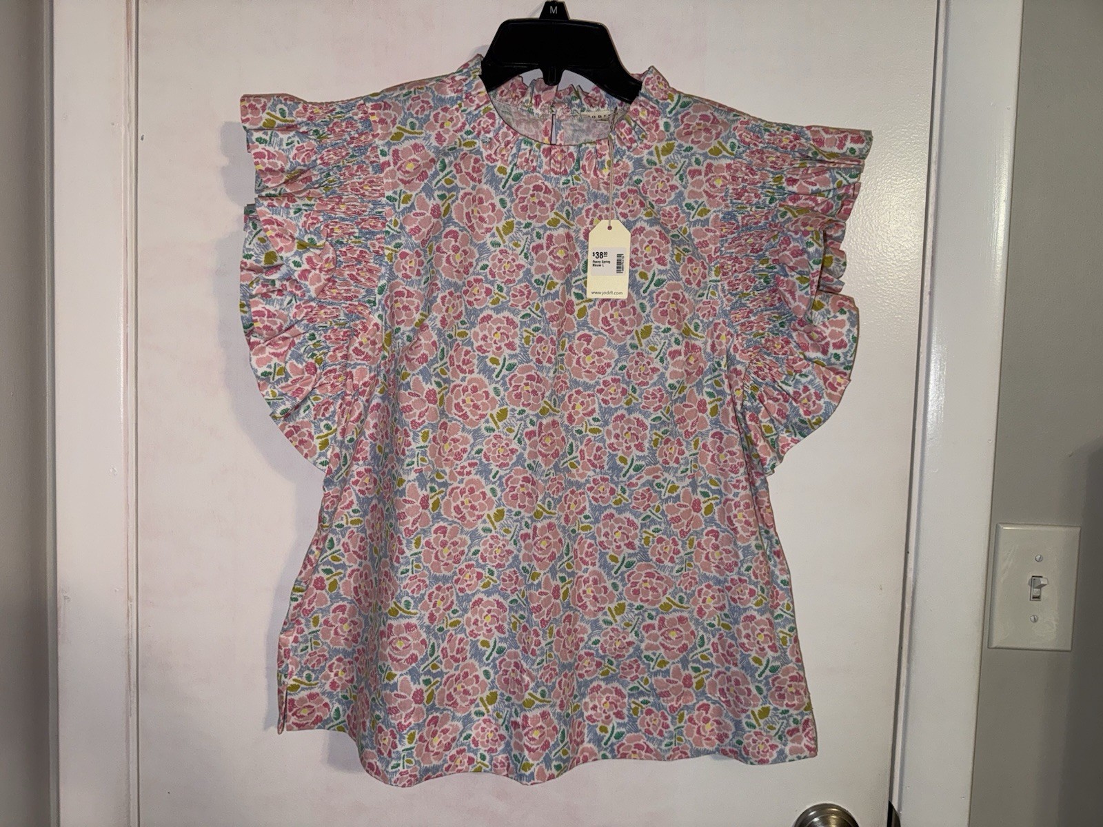 NWT Jodifl Size Large Peony Colorful Floral Flutter Sleeve Blouse Top Pink Blue