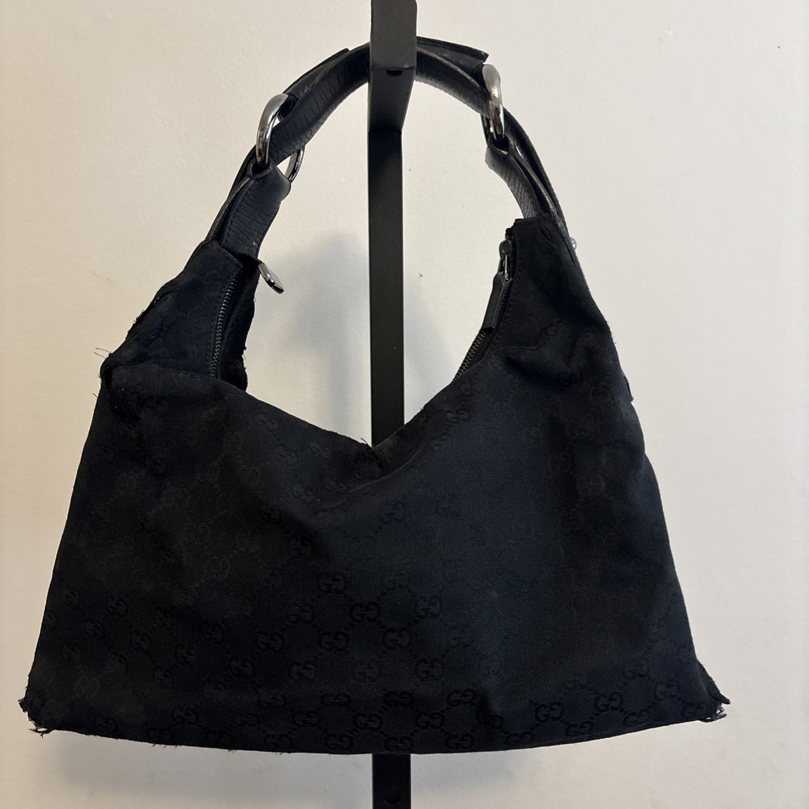 Vintage Gucci Horsebit  Black GG Canvas  Leather Hobo Bag Medium