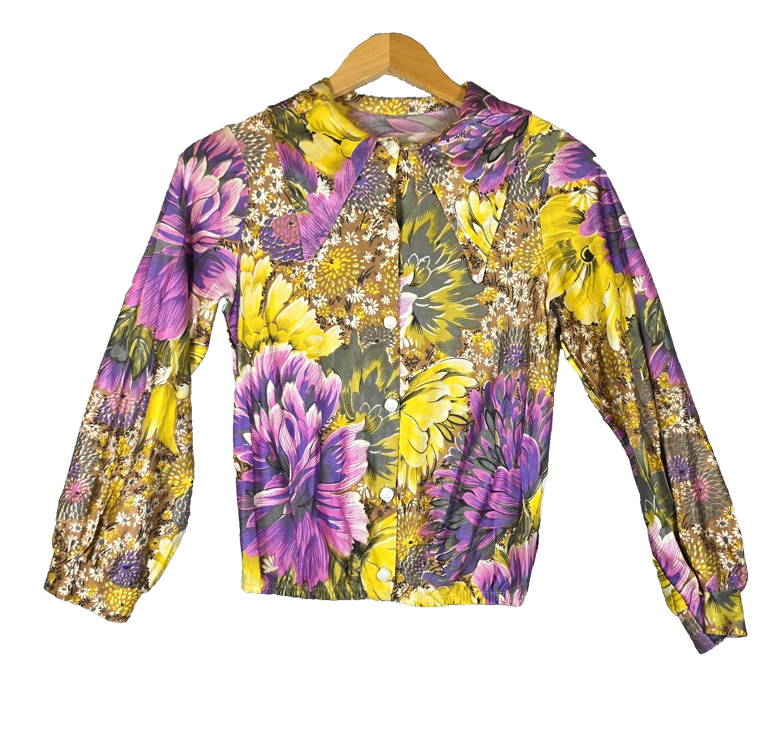 ​Vintage 70s Psychedelic Floral Dagger Collar Blouse | ILGWU Union Made Size S