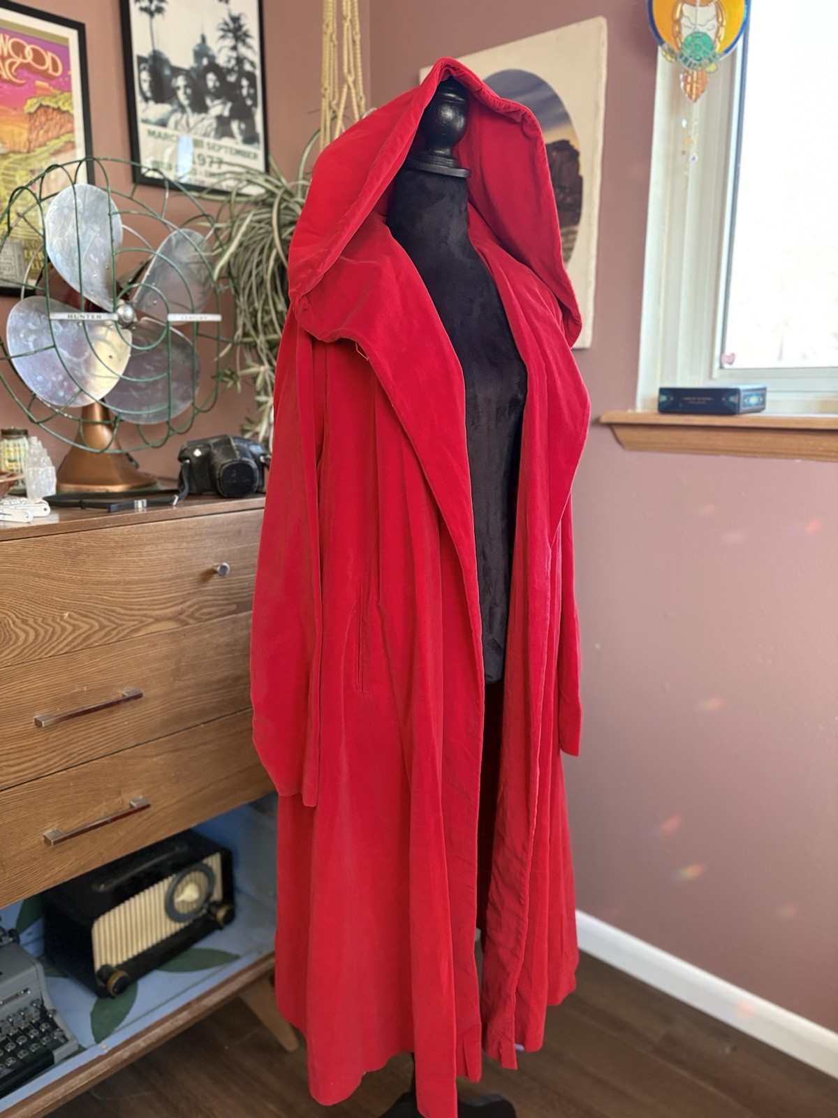 1930s Vintage Red Velvet Hooded Opera Coat Gothic Cloak ILGWU Union Label