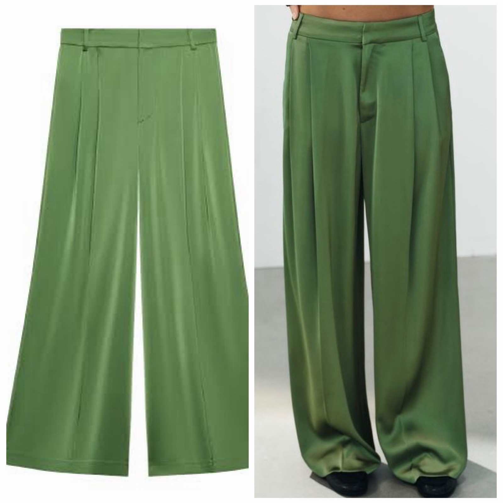 Zara Satin Effect Slouchy Green Pleated Modern Minimalist Trousers Size XS NWT*