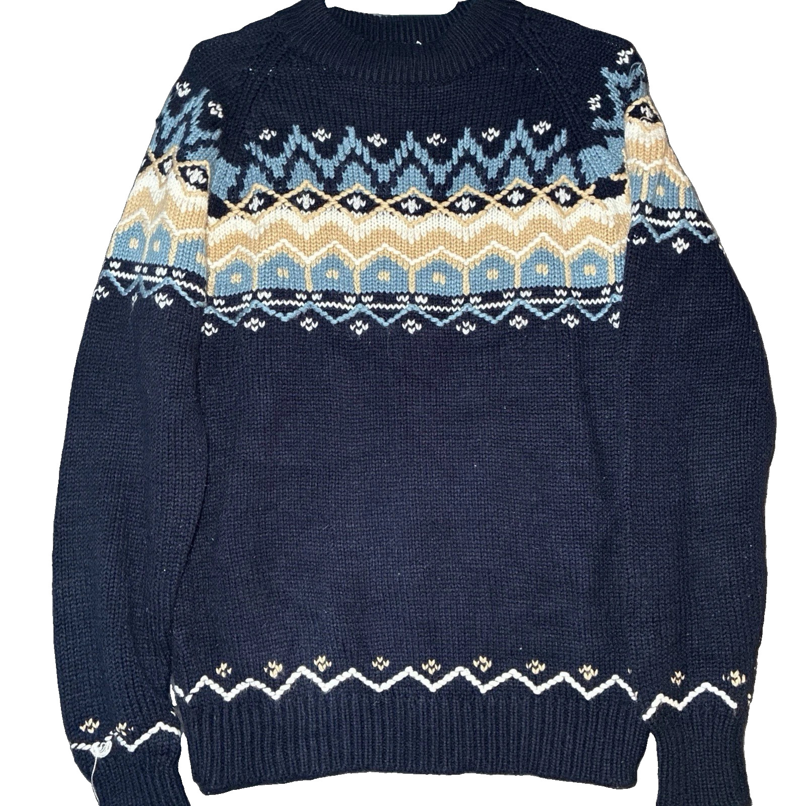 Vintage 70s JCPenney Fair Isle Sweater Mens M Navy Blue Pullover Nordic Ski Knit