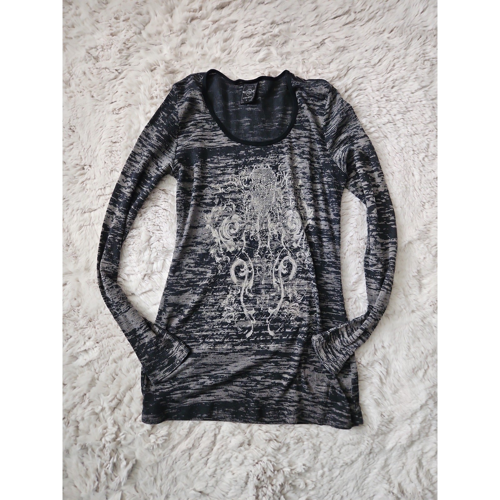 Y2K Sledge USA Grunge Thermal Long Sleeve Top Rhinestone Scroll Graphic L