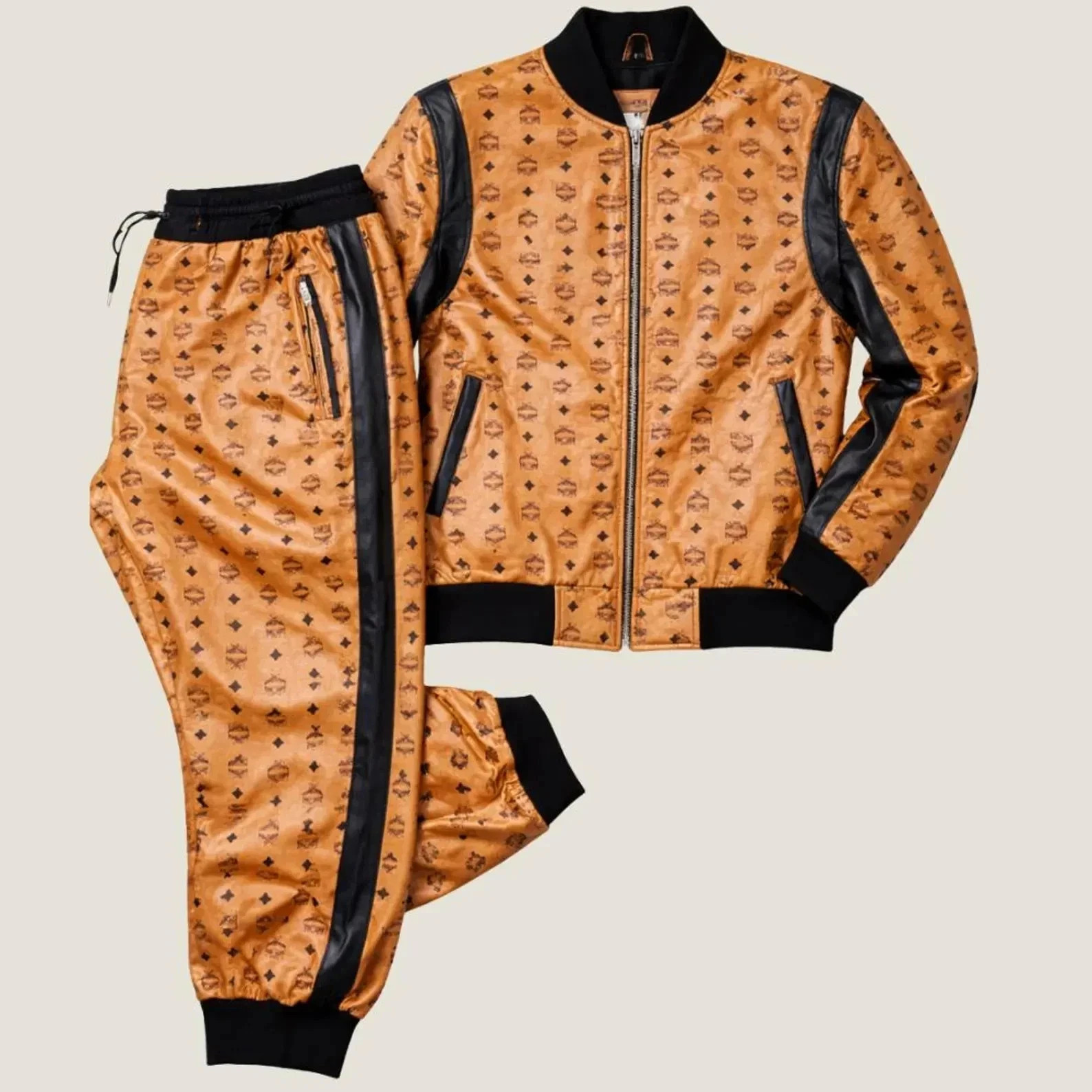 Men\'s Brown Leather Printed Tracksuit Set Jacket Joggers Streetwear Outfit