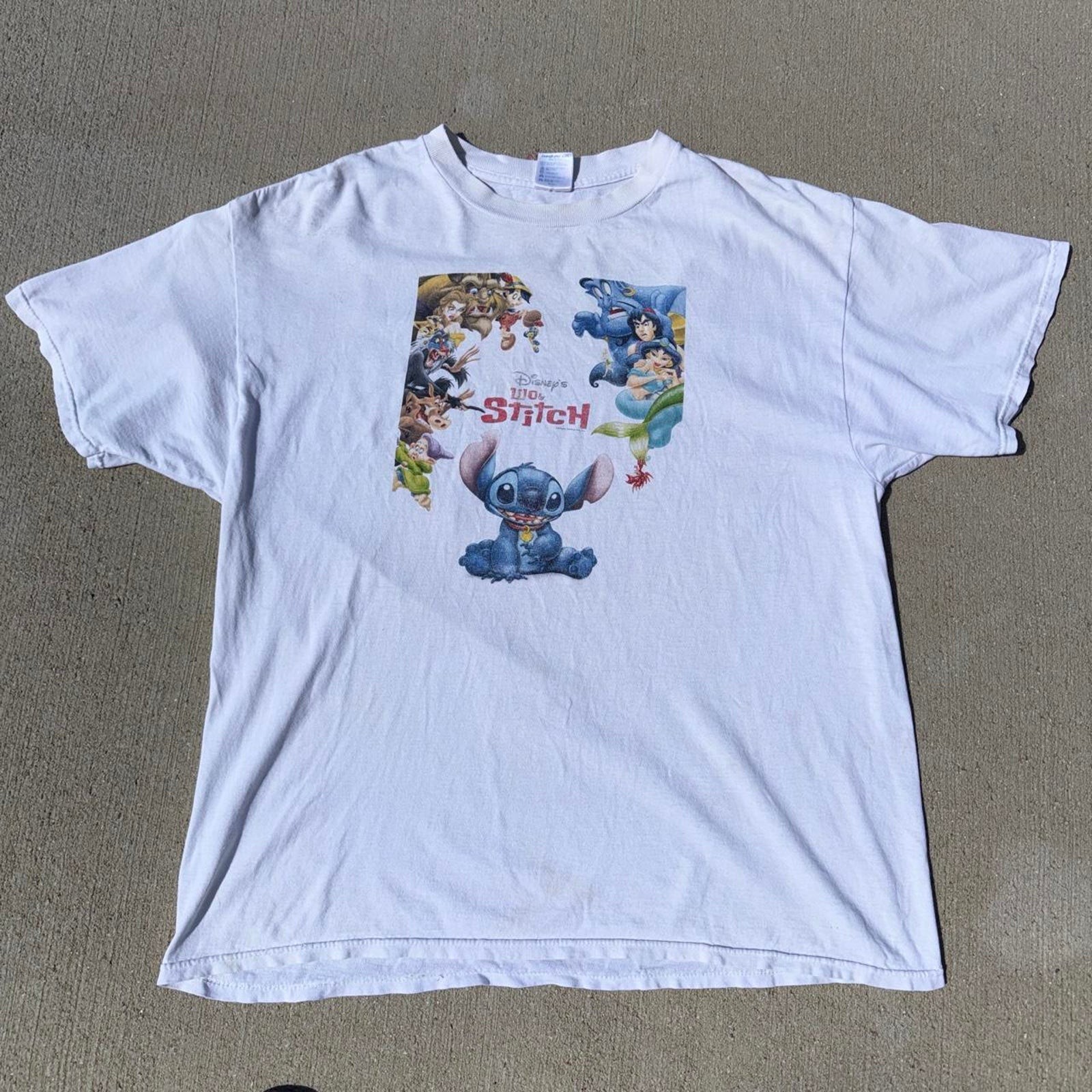 Vintage Disney Lilo & Stitch Movie Promo Crossover Cast White Graphic Shirt XL