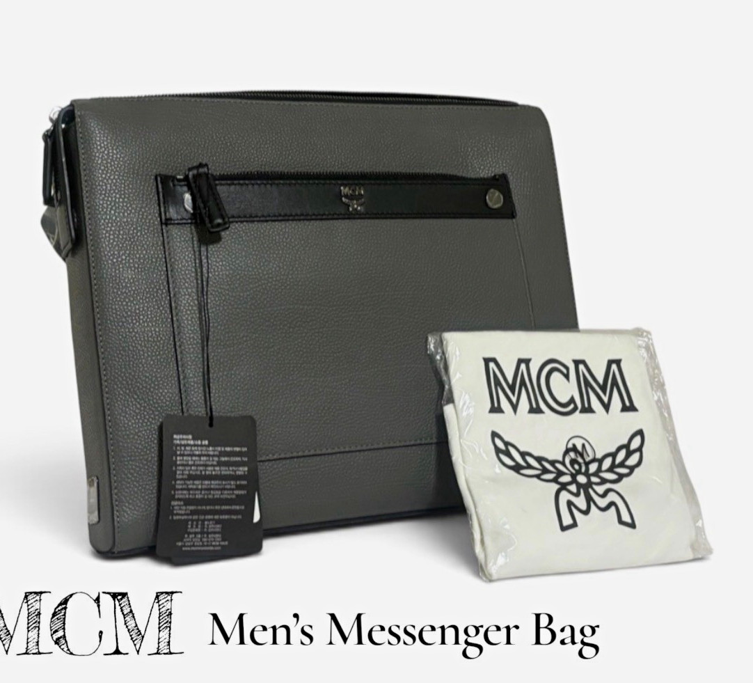 MCM Logo Zip Messenger Bag Gray/Black Men\'s Adjustable Strap Pocketed