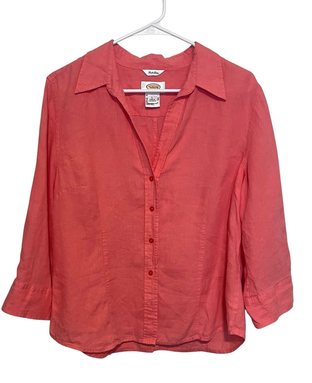 Talbots Irish Linen Button Up Shirt XL Coral Pink 3/4 Sleeve Top