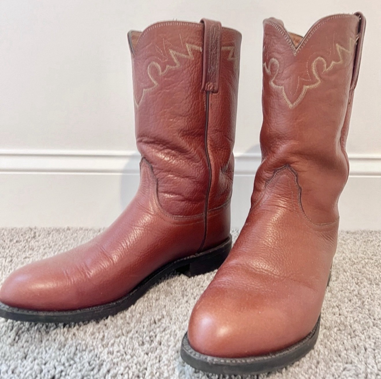 Lucchese 2000 Bison Leather Roper Cowboy Boots Cognac Brown 10.5 EE Wide