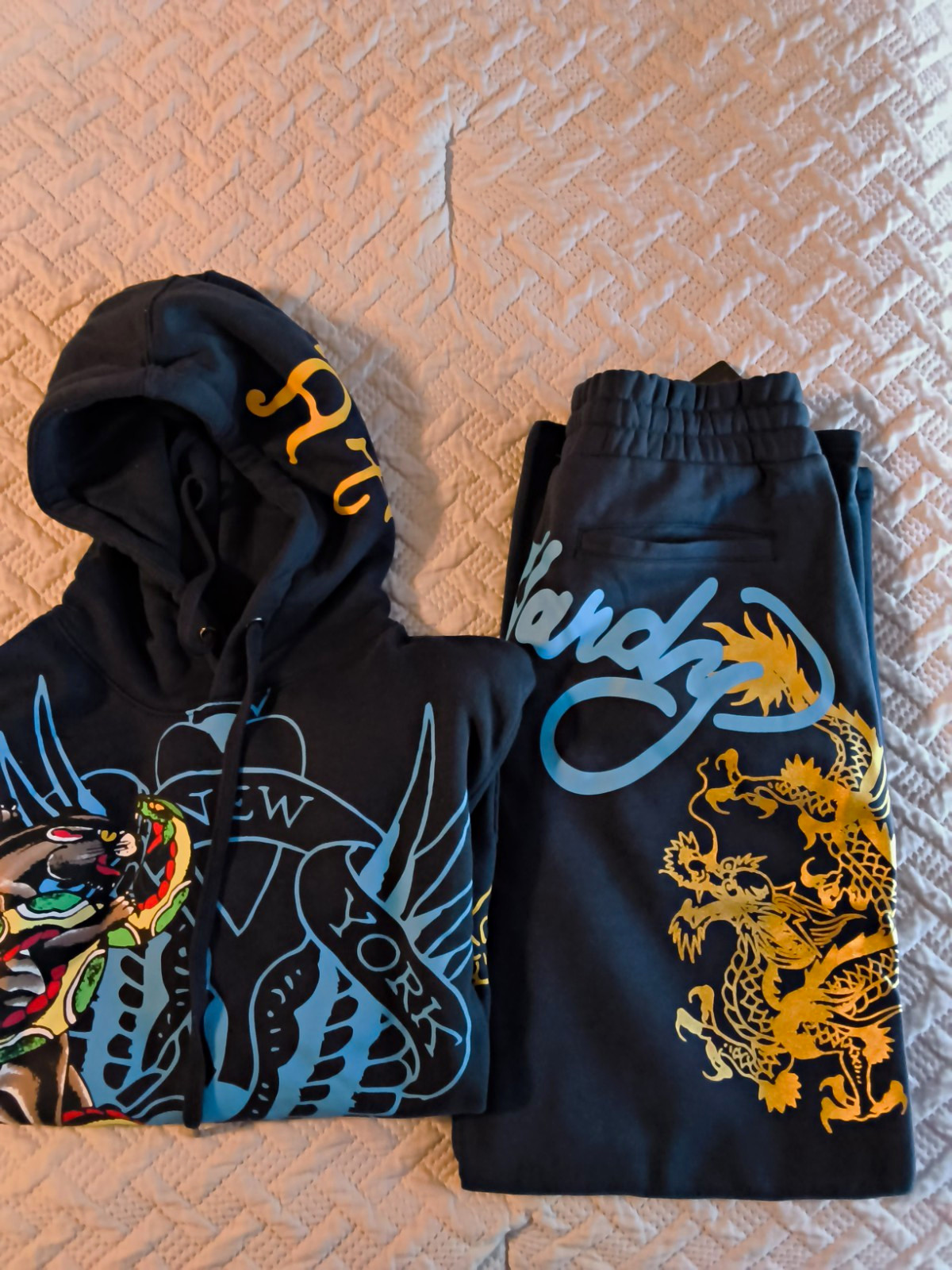 Don Ed Hardy Men’s 2pc Sweatsuit Set L Blue Dragon Tattoo Hoodie Pants