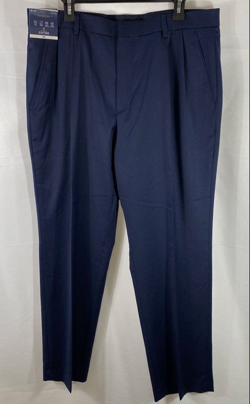 Stafford Men\'s Navy Pleated Classic Fit Wool Blend Stretch Pants 36x30 NWT
