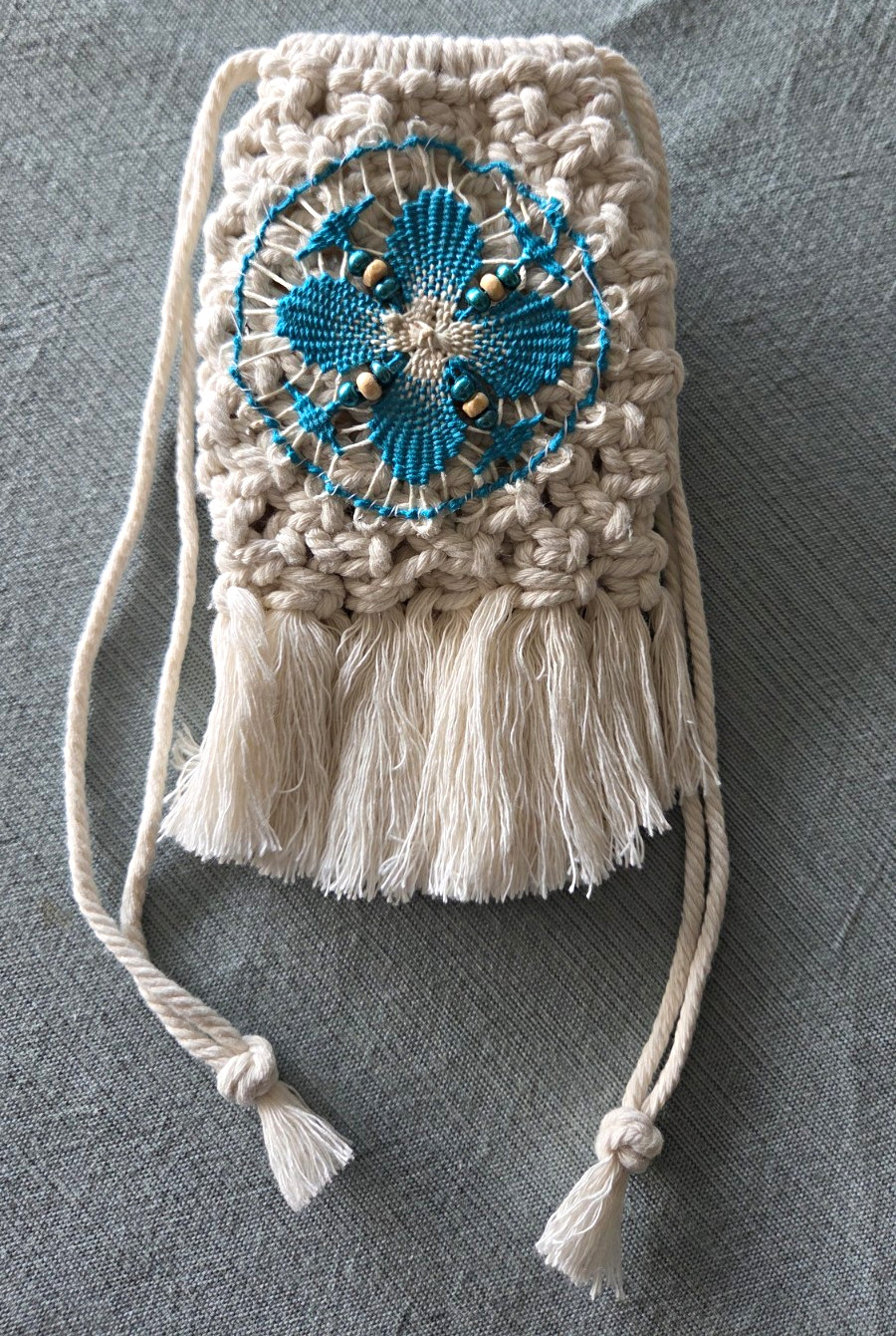 Handmade macrame Drawstring Pouch Bag, Beaded Fringe and ñanduti design