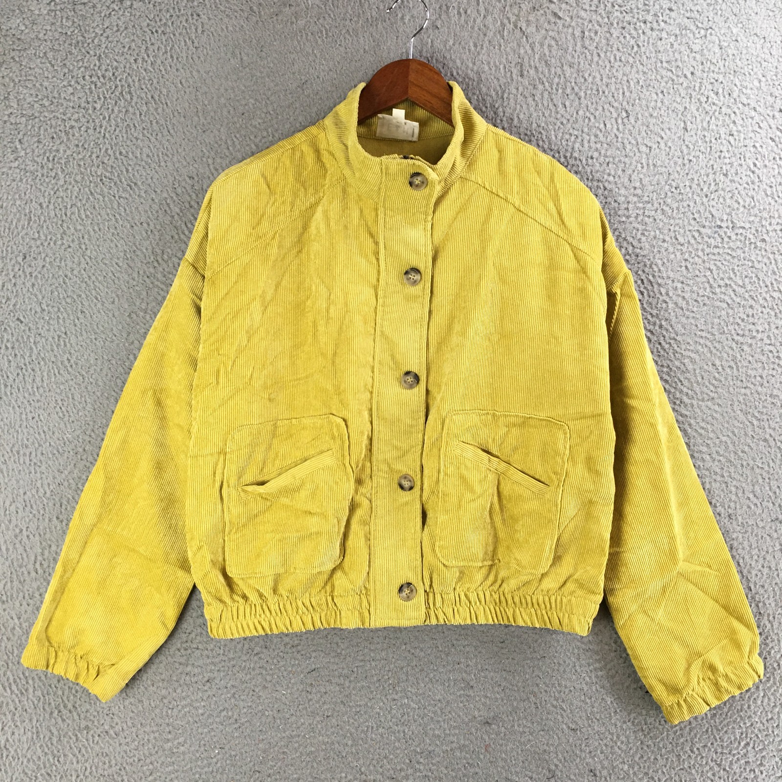 E&M Corduroy Jacket Women Large Long Sleeve Mock Neck Button Front Casual Yellow