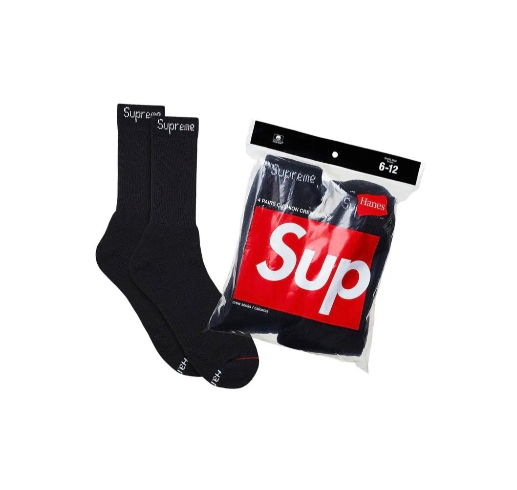 Supreme/Hanes Black Crew Socks Authentic 4 Pack Size 6-12 Fast  🚚