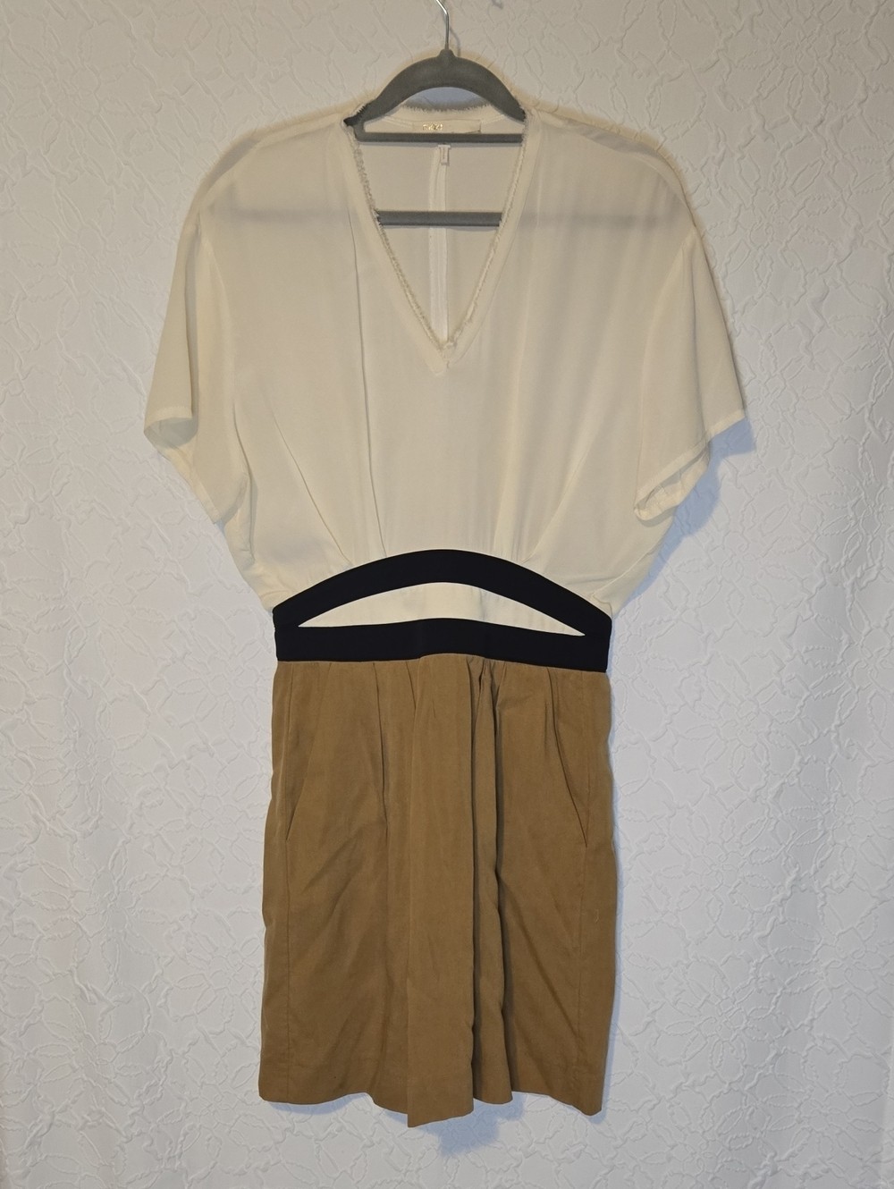 Maje 100% Silk Dress With Khaki Colored Skirt And Cream Top, Size 2