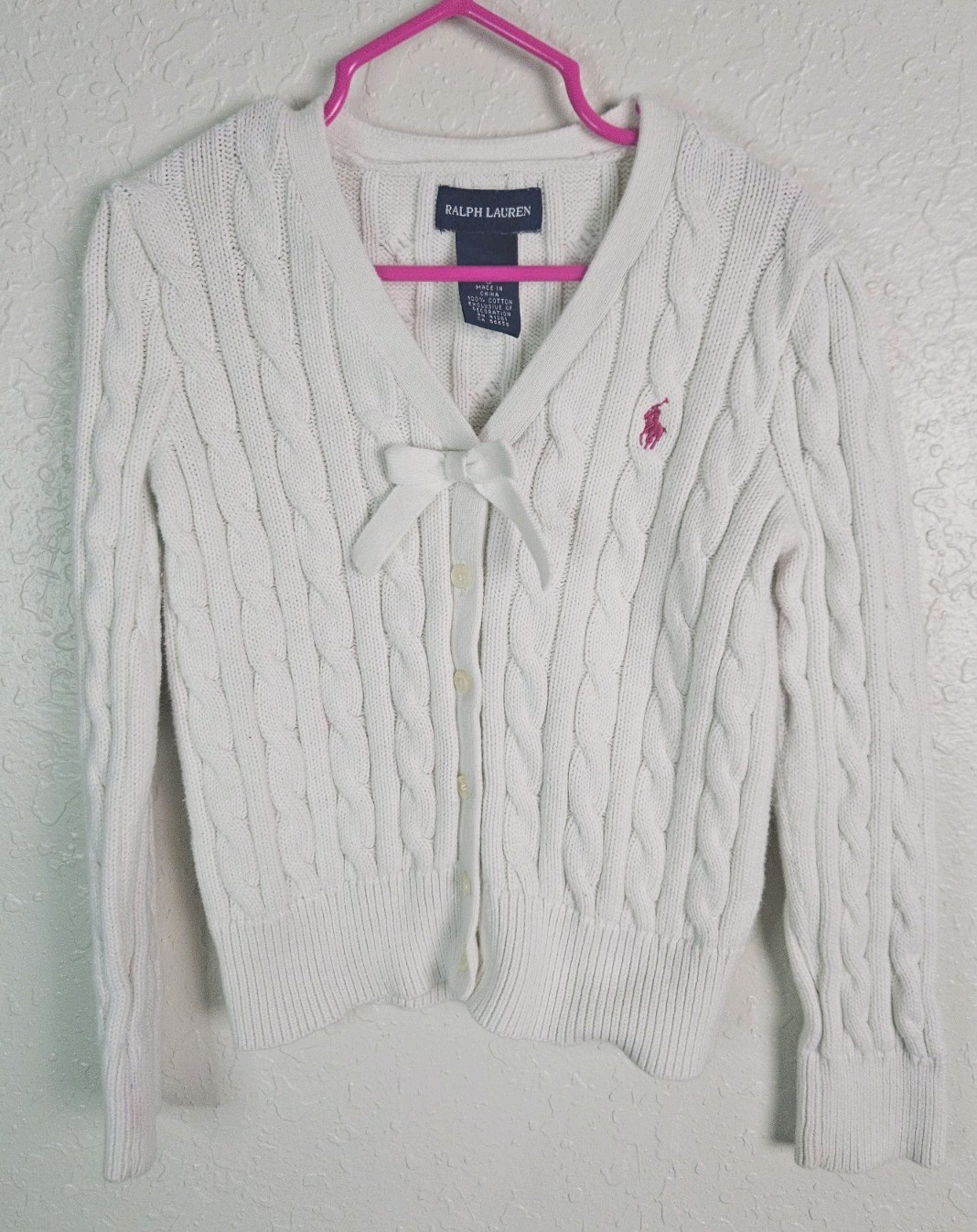 Polo Ralph Lauren Girls Cable Knit Bow Cardigan White M 8-10 Cotton