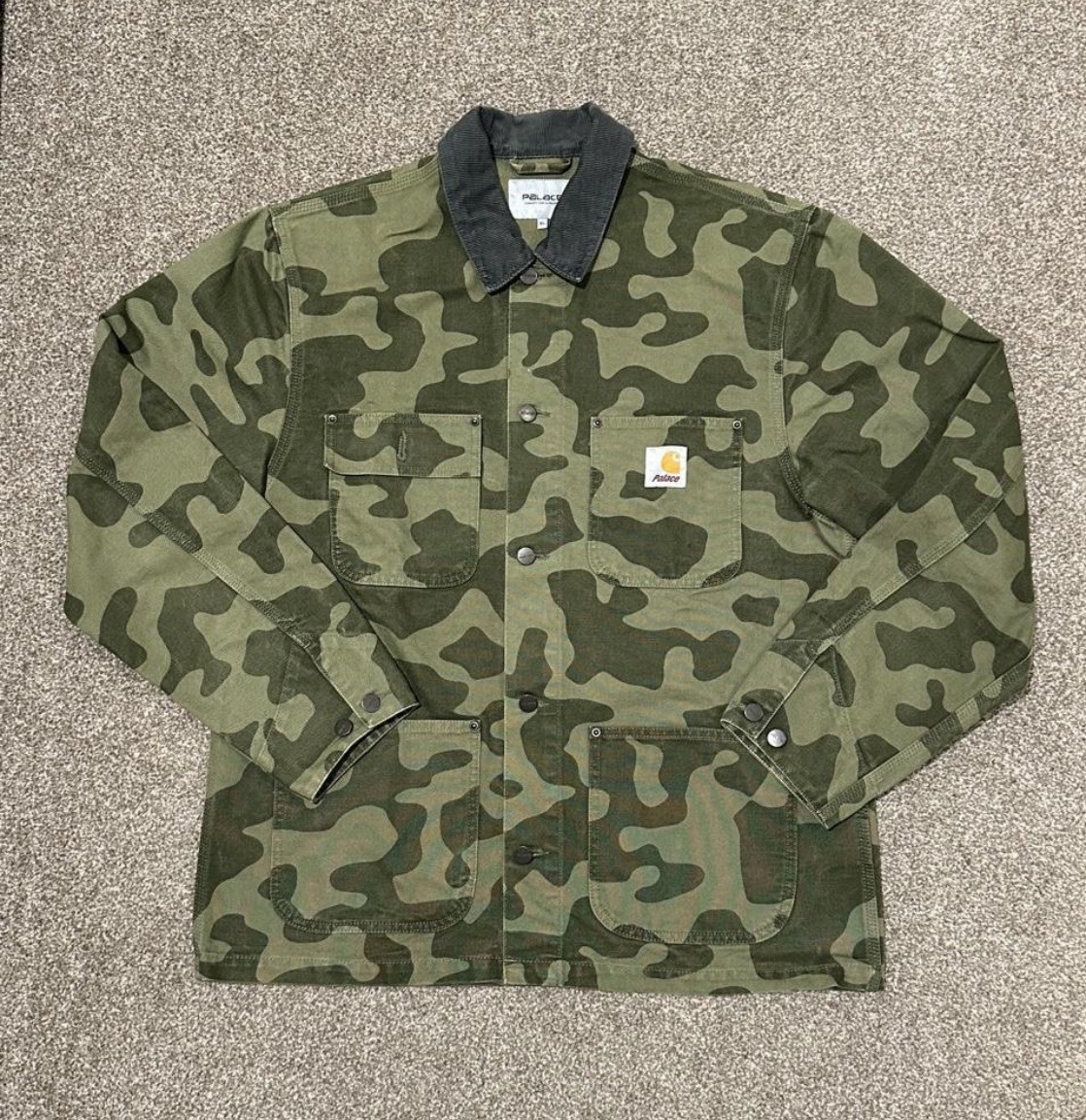 Carhartt WIP • Palace - Green Camo Canvas Cotton Work Jacket XL Corduroy Collar