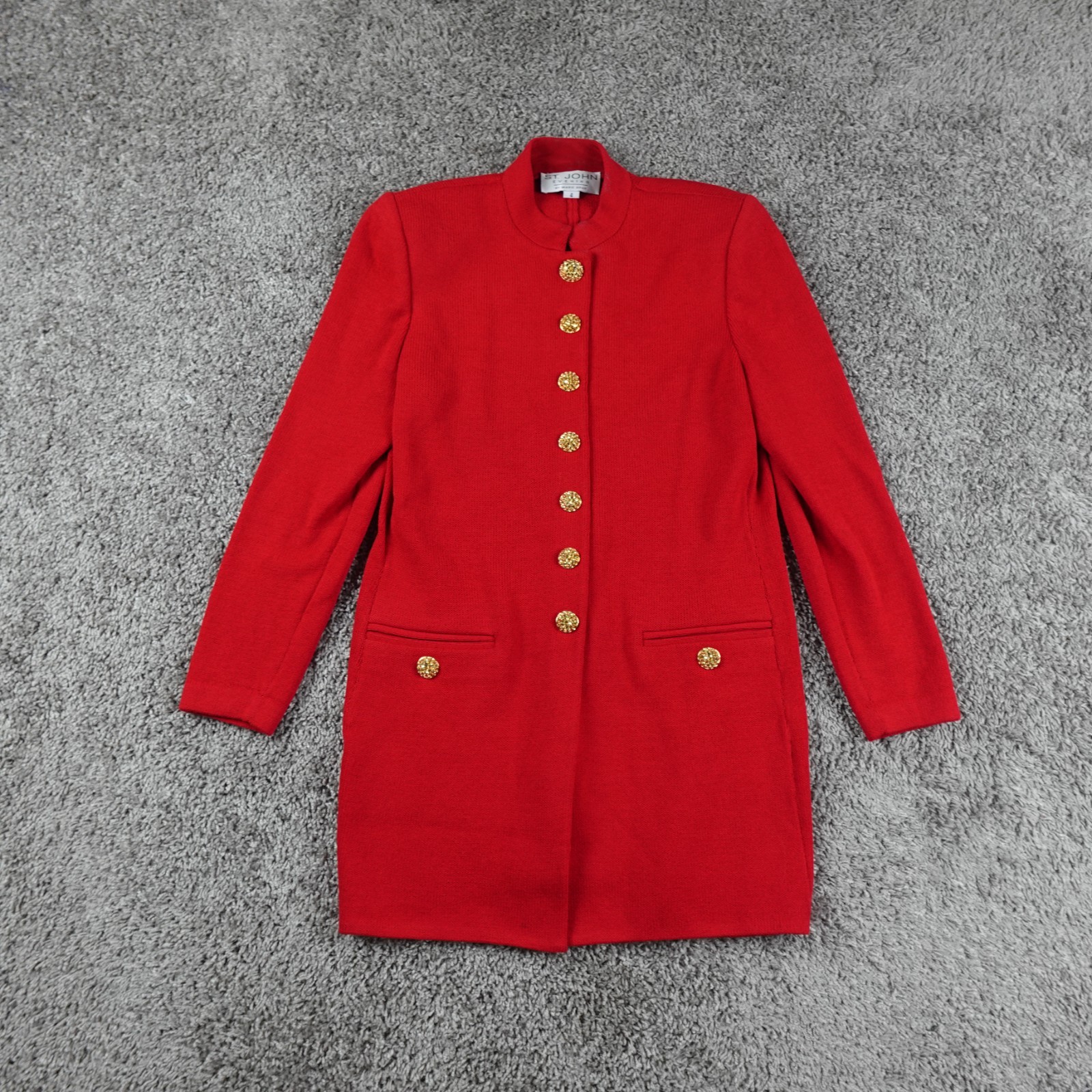 St John Evening Red Coat Dress Size 4 Golden Crystal Domed Buttons Exquisite