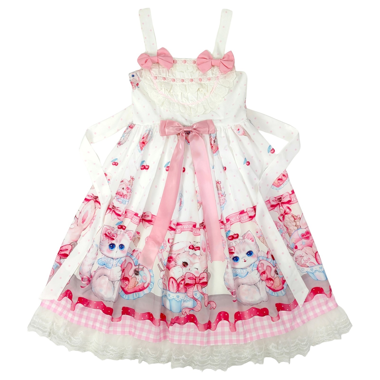 Kawaii Pink Kitty Print Lolita JSK Dress with Lace Hem Bow Sweet Short Sleeve