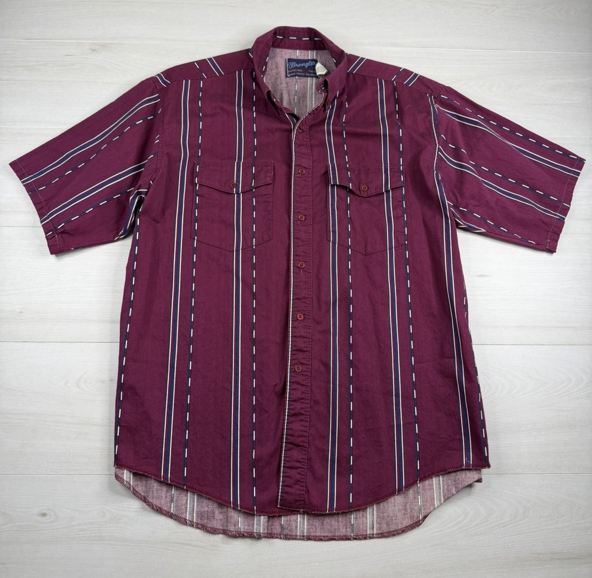 Vtg Wrangler Western Shirt Maroon Black Striped Cowboy USA Made Mens 17.5-35 XL