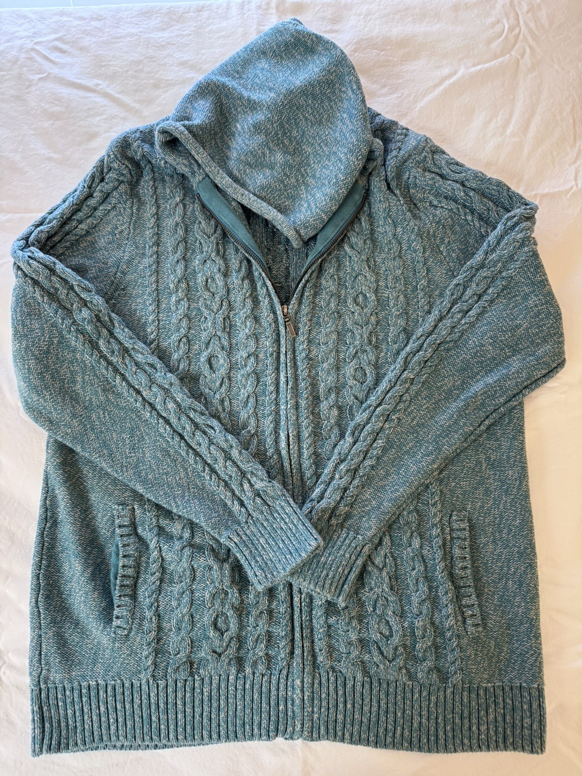 LL Bean Cotton Cable Knit Women\'s Sweater XL Full Zip with Hoodie