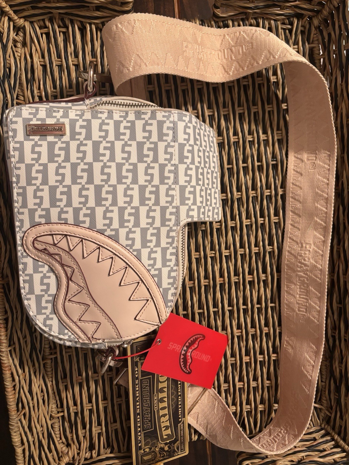Sprayground Limited Edition Shark Mouth Geometric Small Crossbody Bag Beige Gray