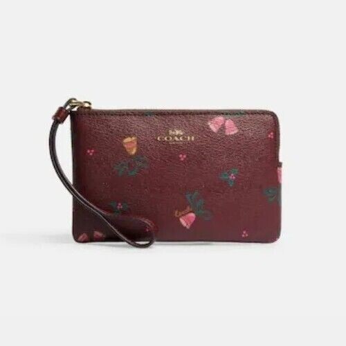 COACH Corner Zip Wristlet Wallet With Holiday Bells Print CE920