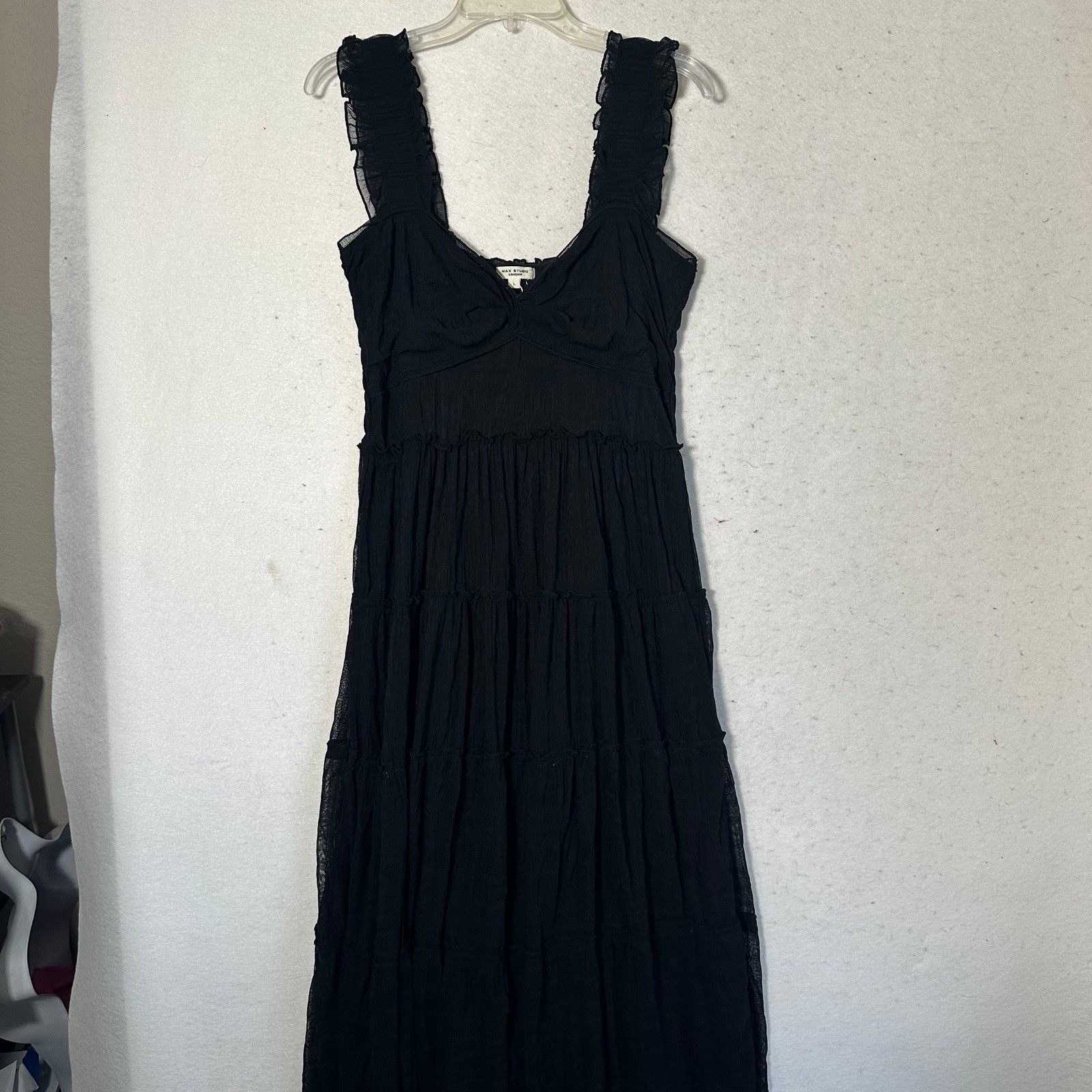 Max Studio London Black Tiered Mesh Midi Dress Ruffle Strap Smocked Back Large