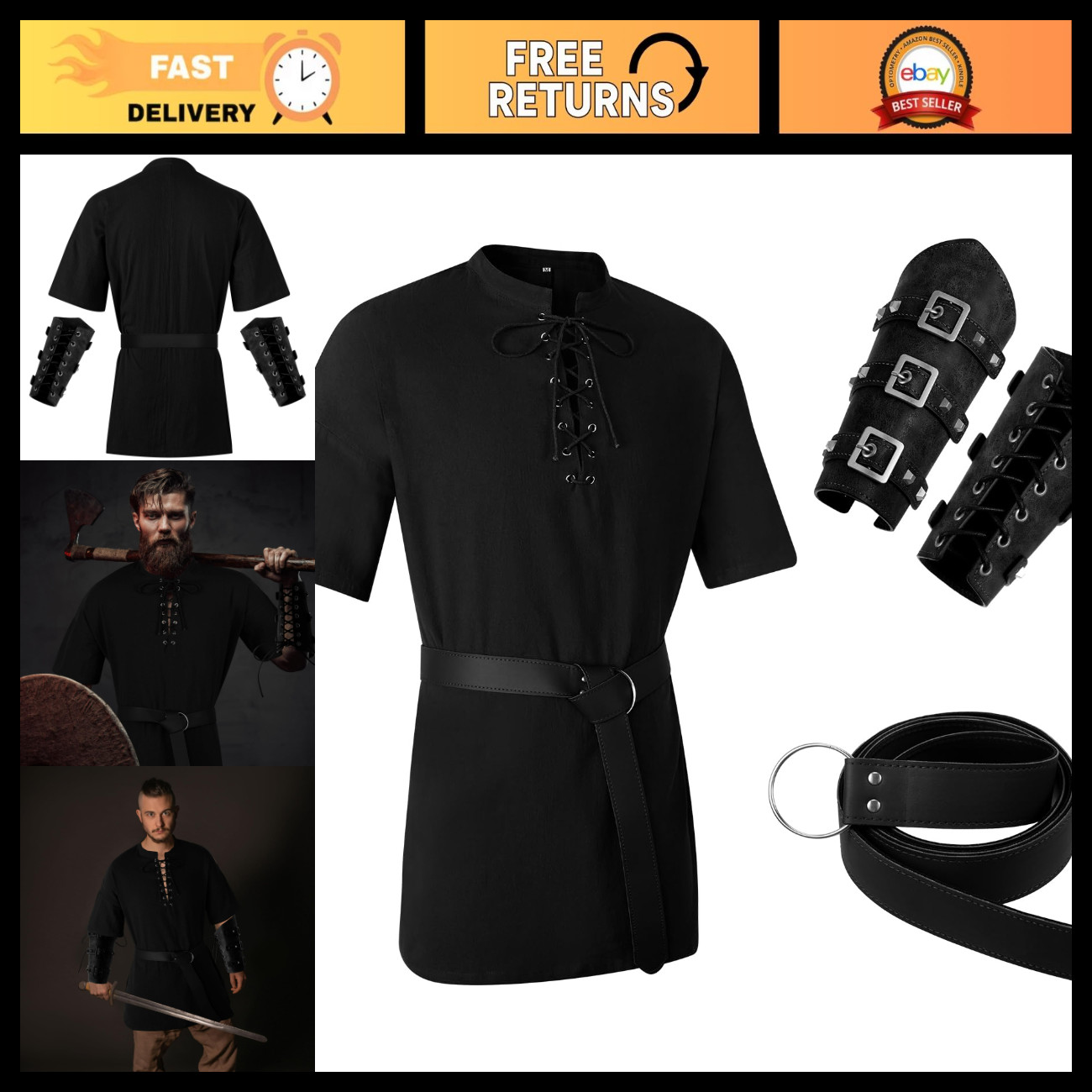 3Pcs Medieval Viking Tunic Costume for Men - Renaissance Dress Up Outfit