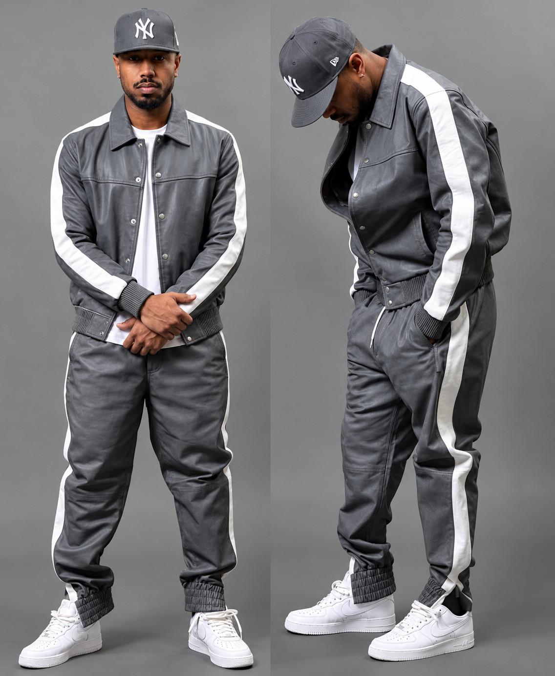 Men's Handmade Genuine Lambskin Leather Jogging Tracksuit SweatSuit Gray/White