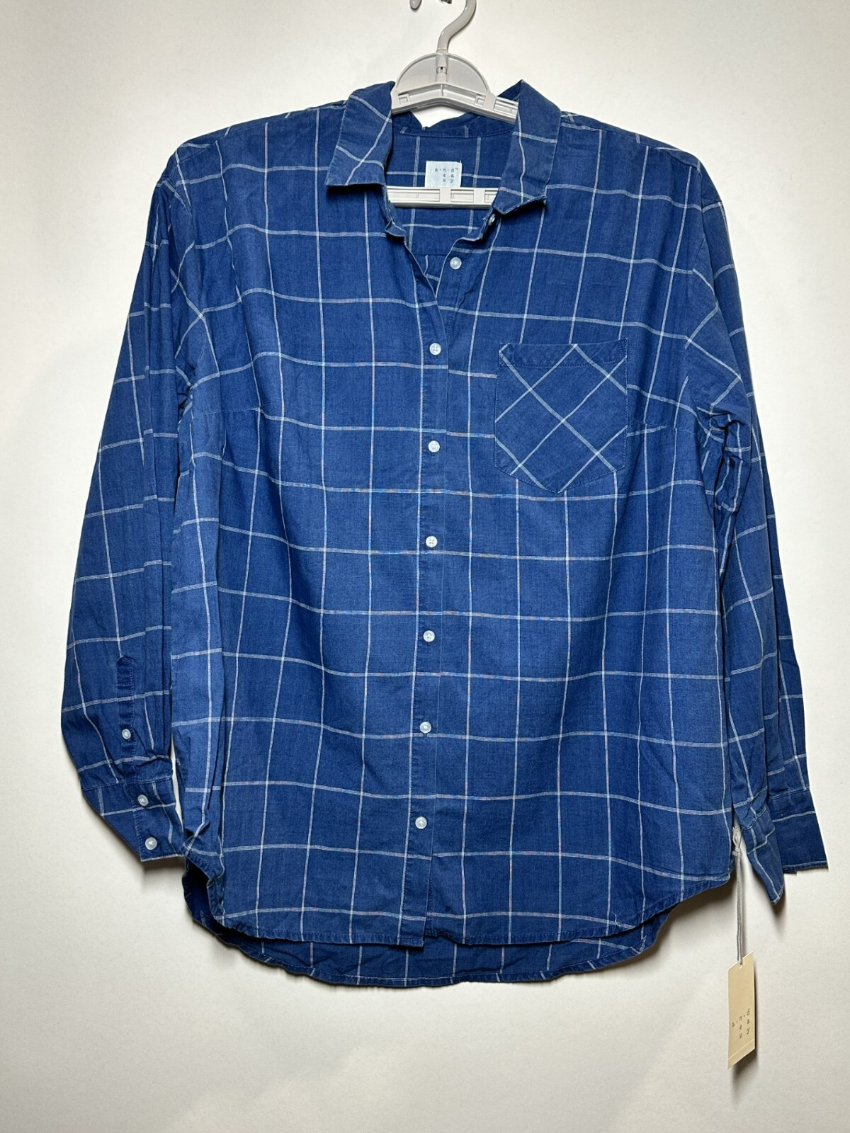 A New Day Womens\' Plaid Button Down Long Sleeve Lapel Shirt Top XL Blue Plaid