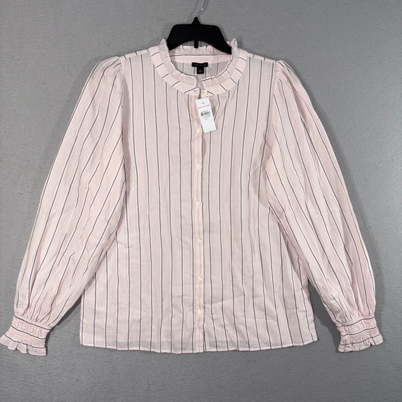 Ann Taylor Blouse Womens Medium Tall Pink Pinstripe Ruffle Long Sleeve Sheer NWT