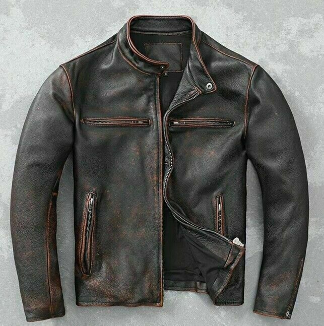 Men’s Motorcycle Biker Vintage Cafe Racer Distressed Brown Real Leather Jacket -