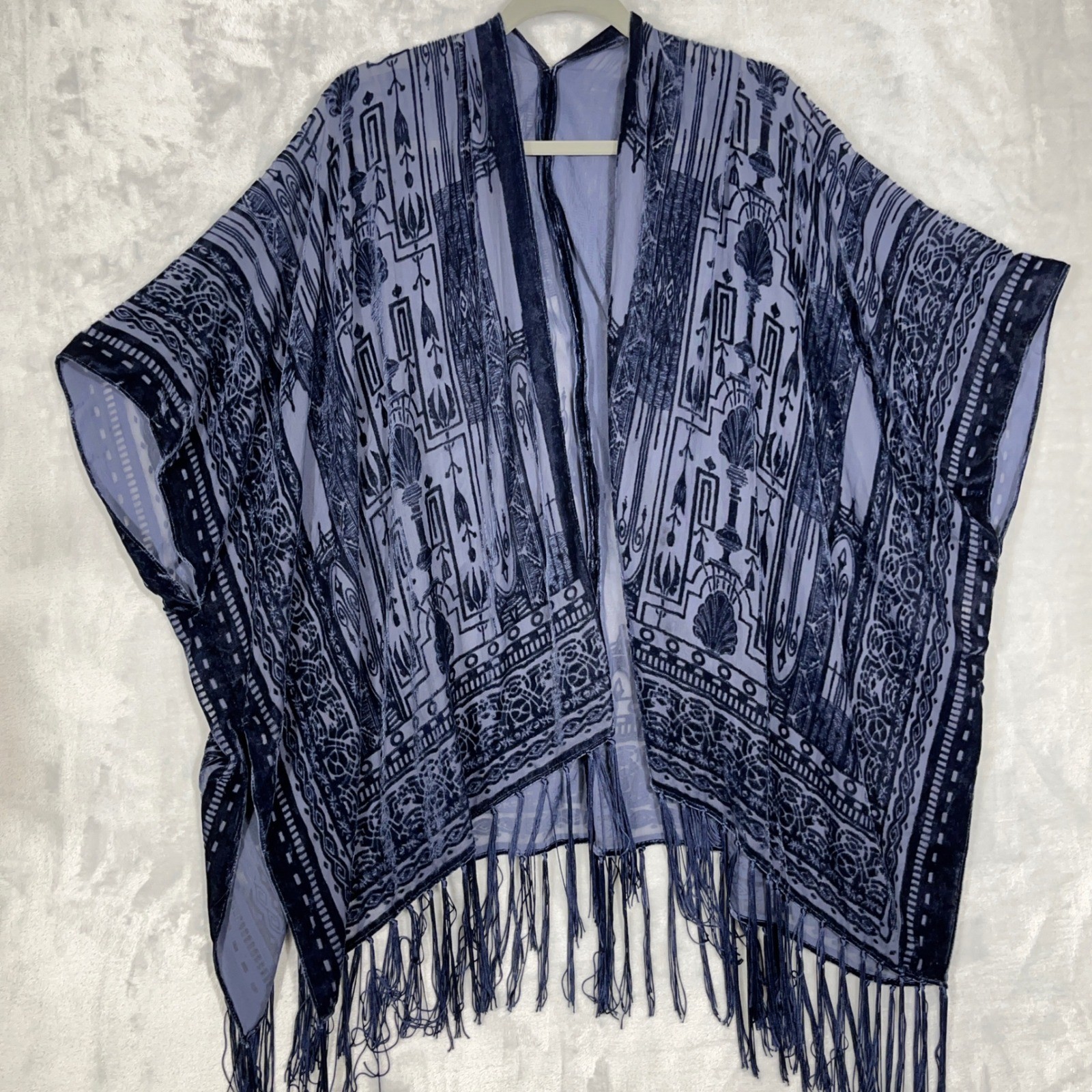 Lovestitch Womens Kimono OS Blue Burnout Velvet Fringe Wrap Festival Ethereal