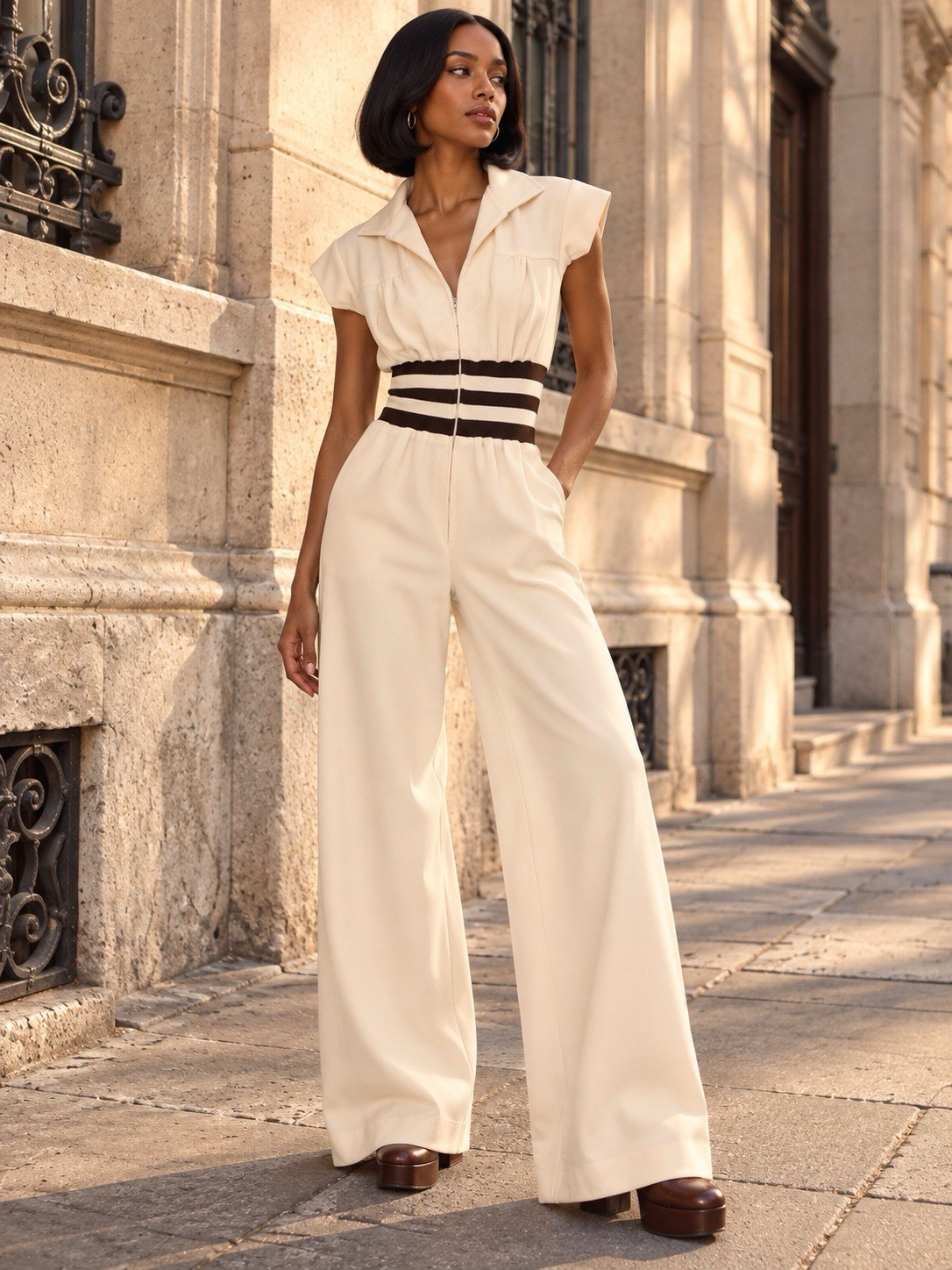 VTG 60 70s Ivory Brown Stripe Wide Leg Jumpsuit Zip Front Knit Waist S Retro Mod