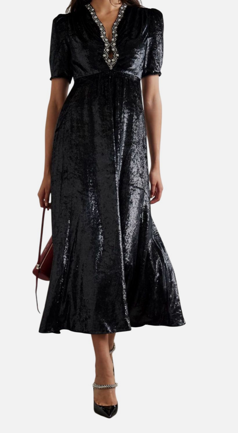 Saloni Women\'s Black Tabitha Shimmer Velvet Silk-Lined Midi Dress Size US4/UK8